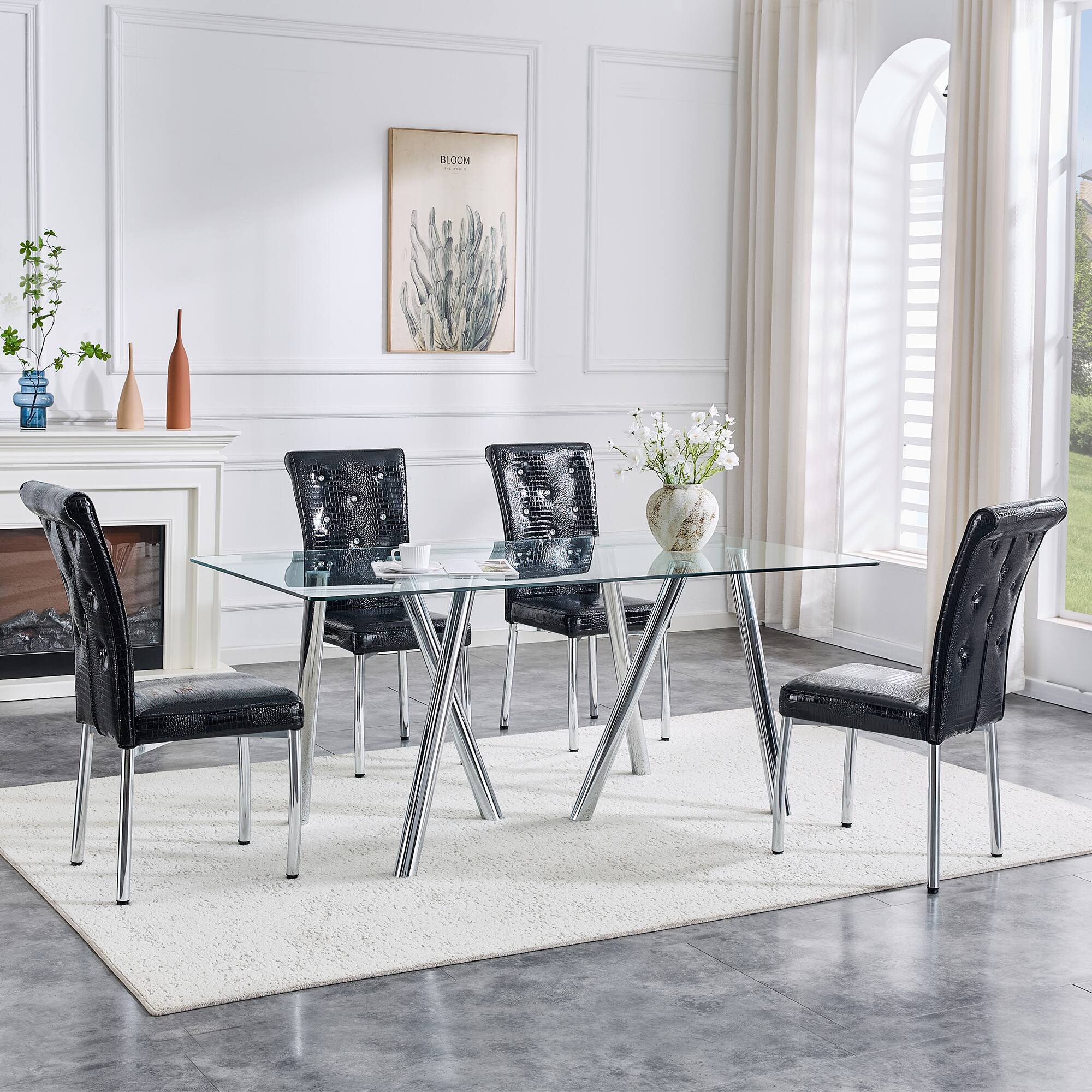 Alt View 5. Loheer - Loheer- 5.9ft Modern Tempered Glass Dining Table Heavy Duty Metal Legs Rectangular Kitchen Furniture - White.