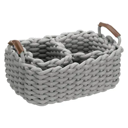 Front. Unique Bargains - 3pcs Woven Basket Cotton Rope Storage Baskets with PU Handle, Gift Chest Box, for Shelf Organizing Home Decor Nursery - Gray.