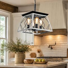 RYHNUYNE - 4-Light Farmhouse Dining Room Chandelier, Square Iron Cage Oak ORB Finish 39.37 In Adjustable Chain - White