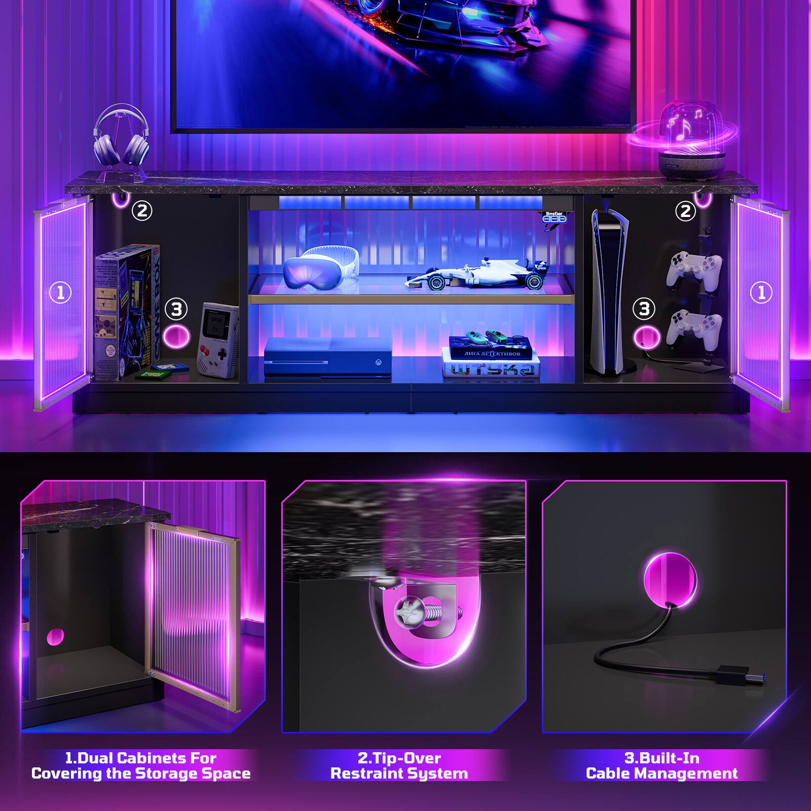 1. Dual Cabinets For Covering the Storage Space 2. Tip-Over Restraint System 3. Built-In Cable Management