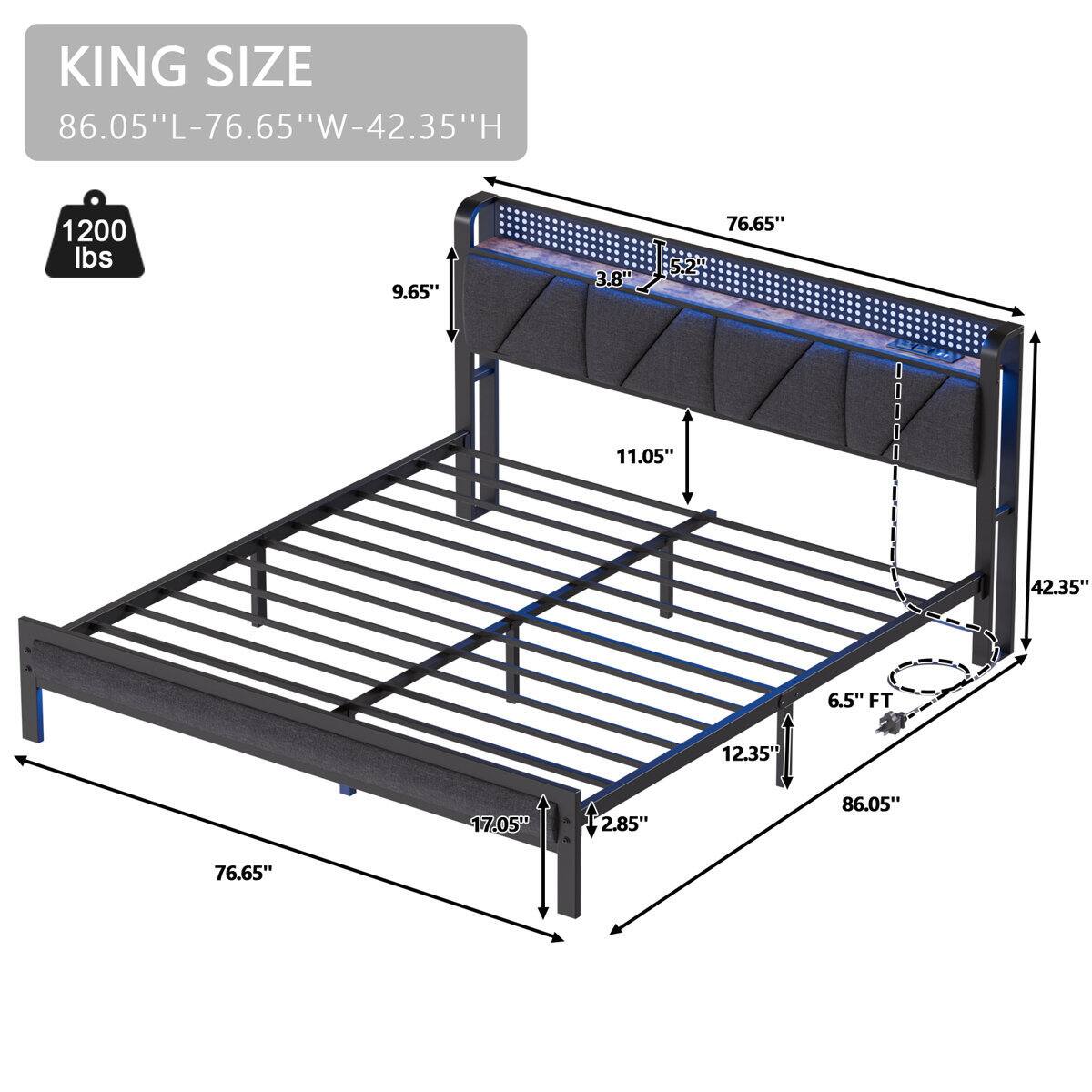 KING SIZE  
86.05"L-76.65"W-42.35"H  
1200 lbs  
9.65"  
3.8"  
76.65"  
11.05"  
42.35"  
6.5" FT  
12.35"  
17.05"  
2.85"  
86.05"
