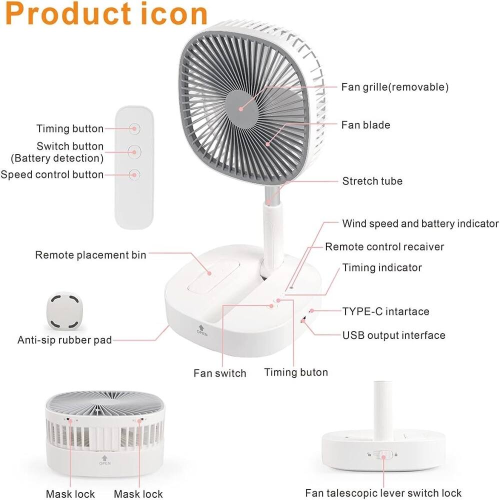 Product icon  
Fan grille (removable)  
Timing button  
Switch button (Battery detection)  
Speed control button  
Fan blade  
Stretch tube  
Wind speed and battery indicator  
Remote placement bin  
Remote control receiver  
Timing indicator  
TYPE-C interface  
USB output interface  
Fan switch  
Timing button  
Mask lock  
Mask lock  
Fan telescopic lever switch lock