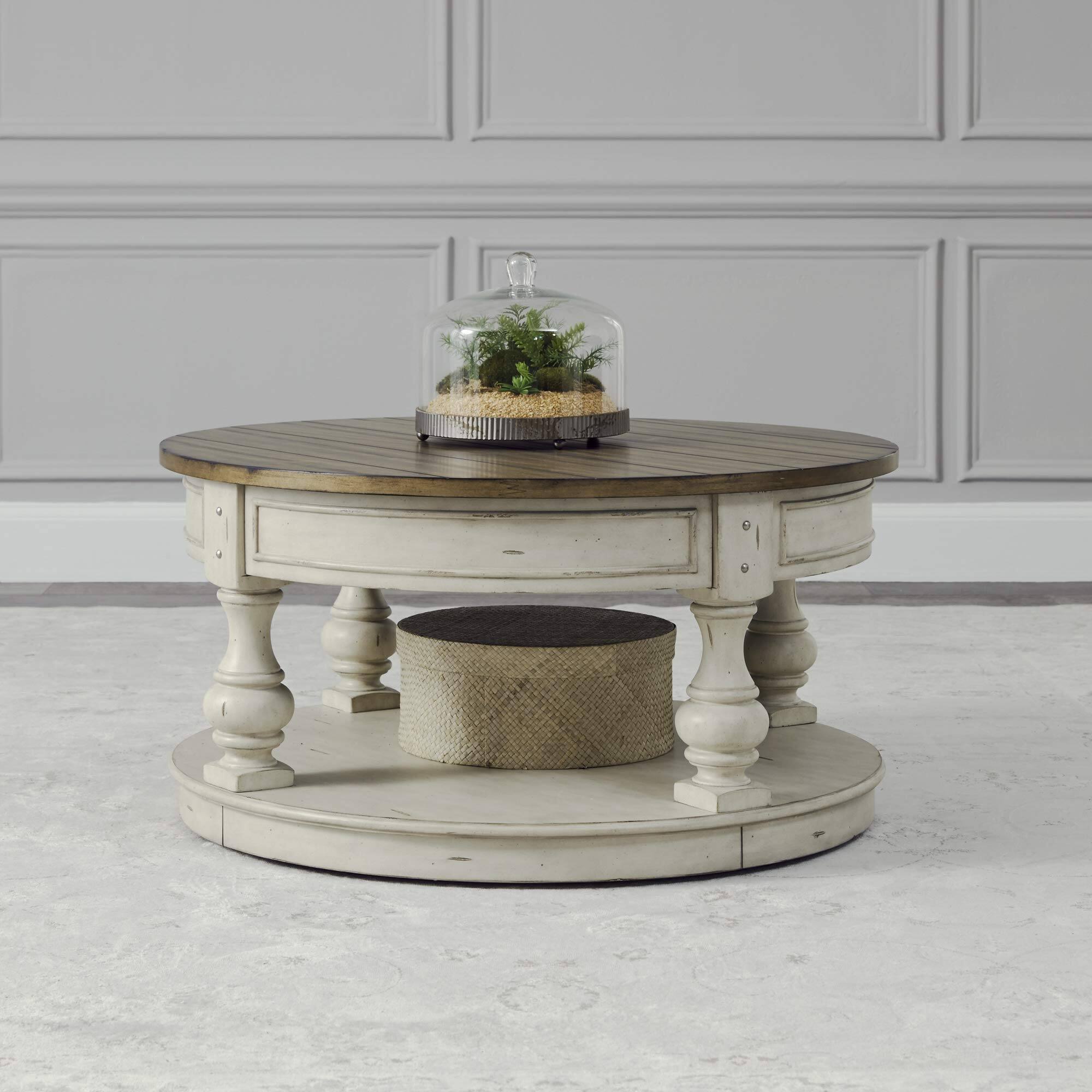 Angle. Liberty Furniture Industries - Round Cocktail Table Antique White w/ Wirebrushed Tobacco Accents - White.