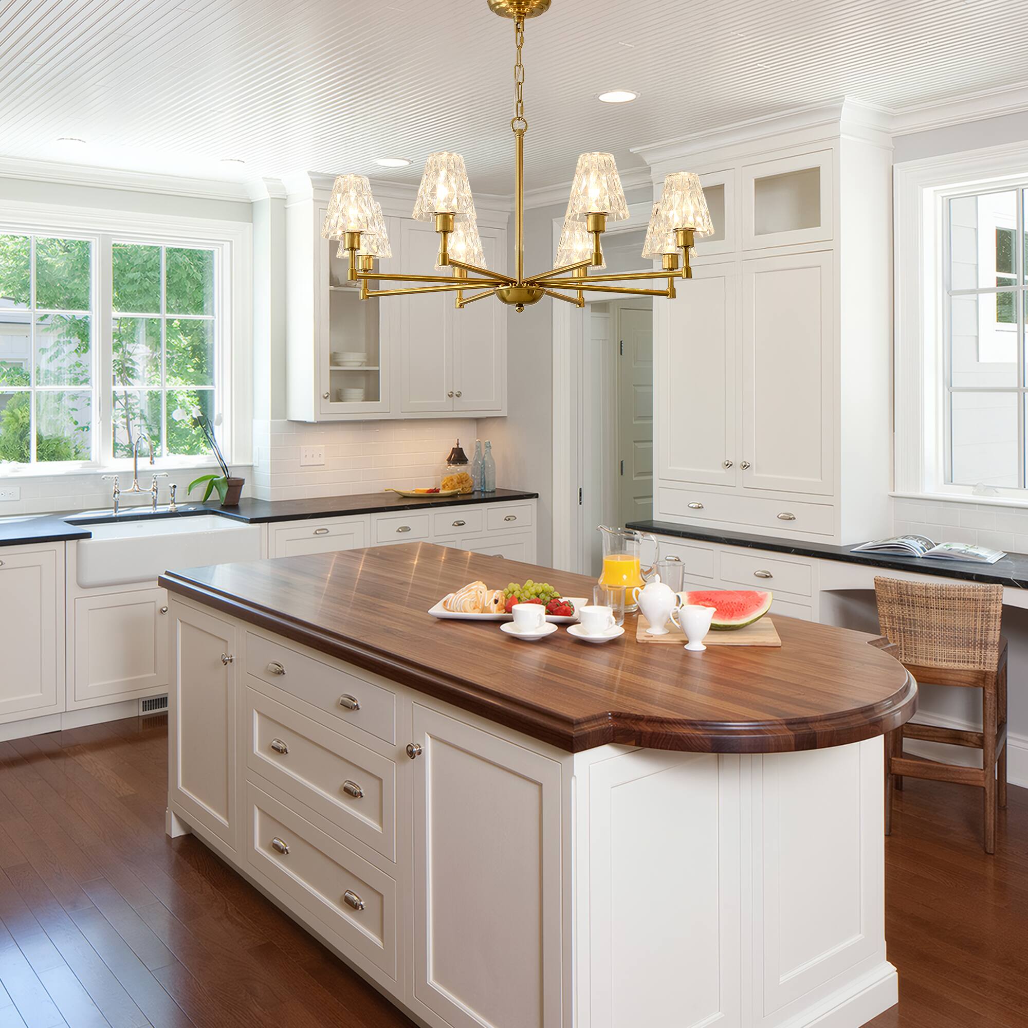 Alt View 3. RYHNUYNE - Mid-Century 8-Light Chandelier,Brushed Gold Pendant Chandelier,Modern Farmhouse Chandeliers for Dining Room Kitchen - Gold.