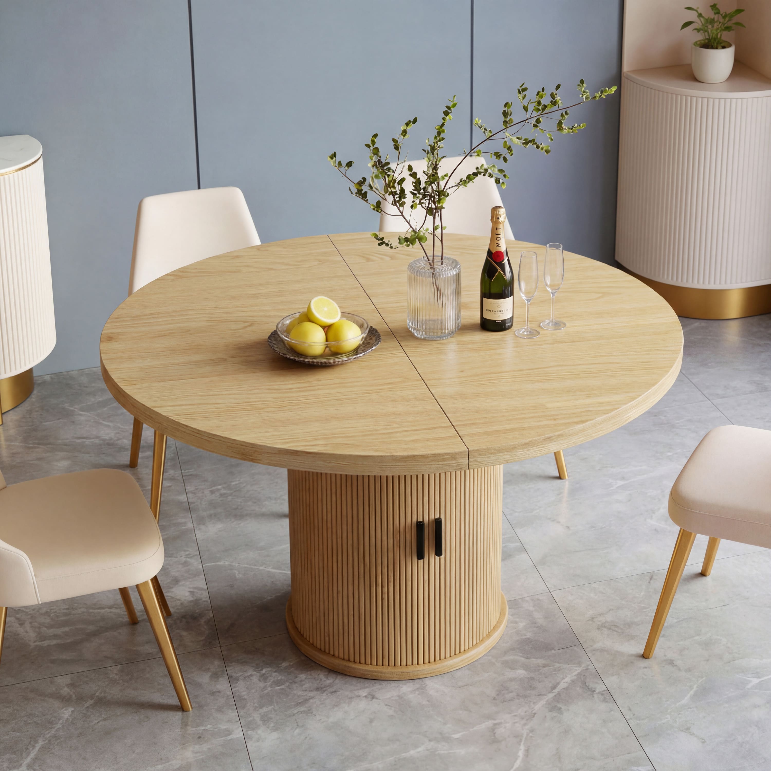 Dyonery - 35 circular four-person dining table, a modern type with double-layer storage space and sliding doors - wood