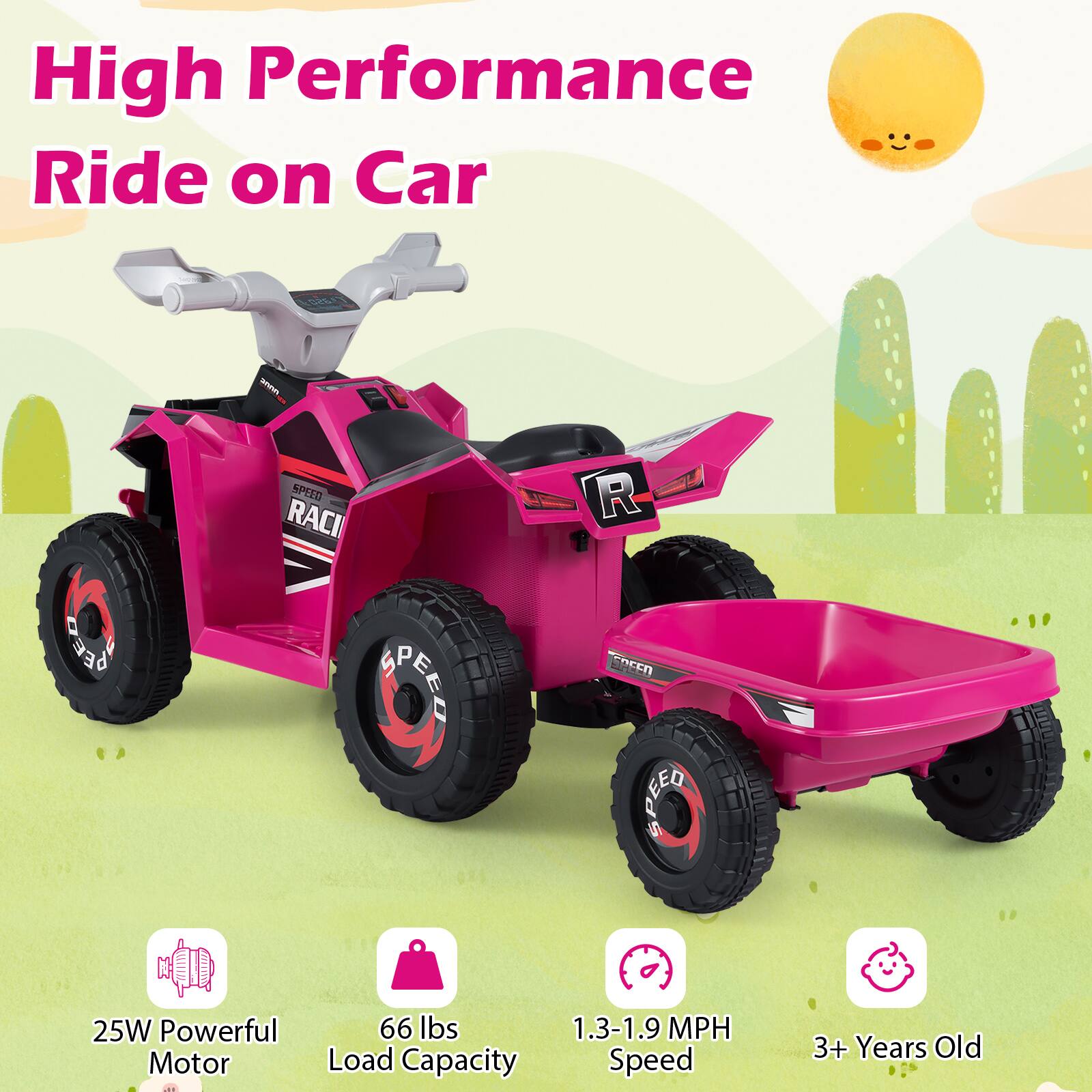 High Performance Ride on Car

- 25W Powerful Motor
- 66 lbs Load Capacity
- 1.3-1.9 MPH Speed
- 3+ Years Old