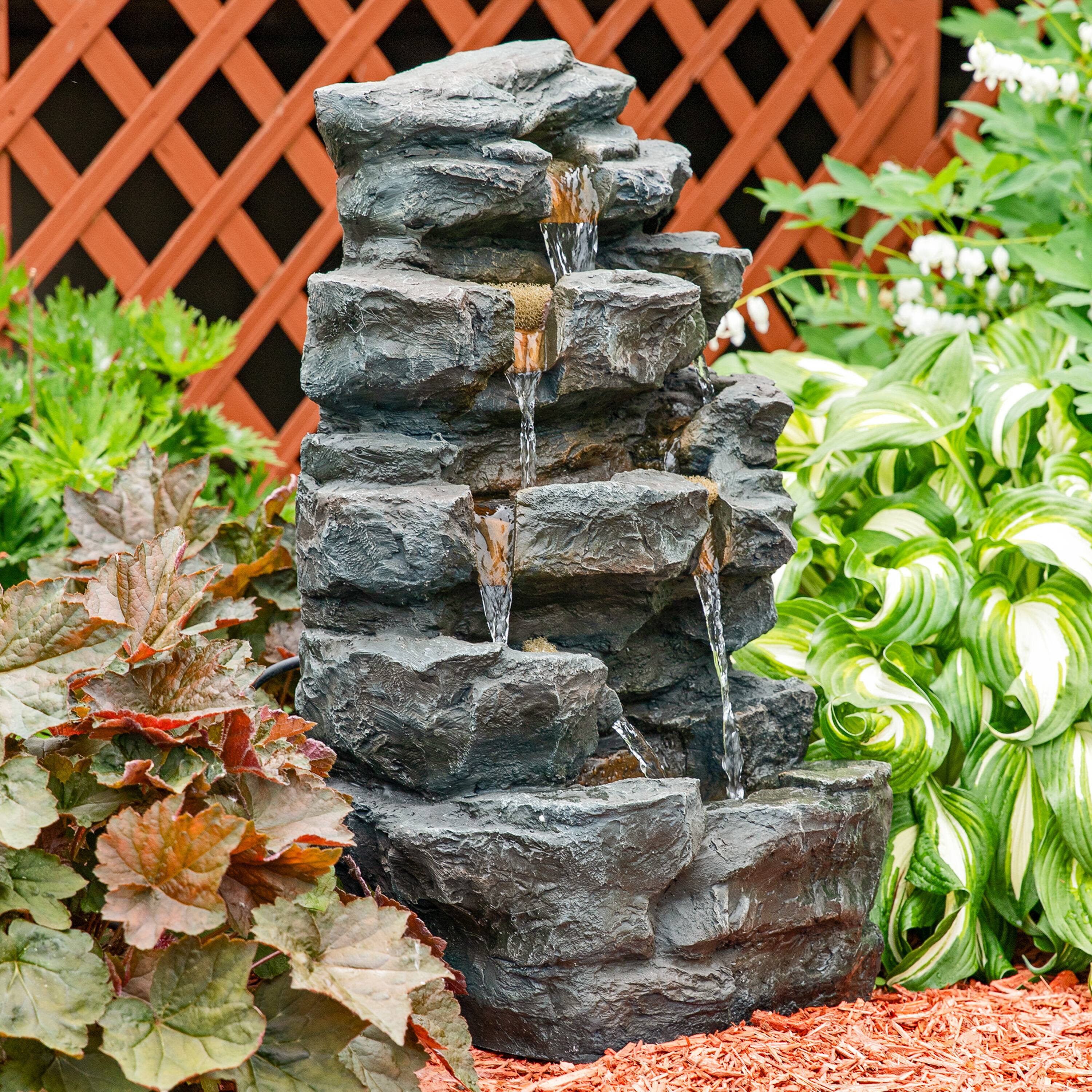 Alt View 7. Sunnydaze - Polyresin Grotto Falls Water Fountain with LED Lights - 24 in - Grey.