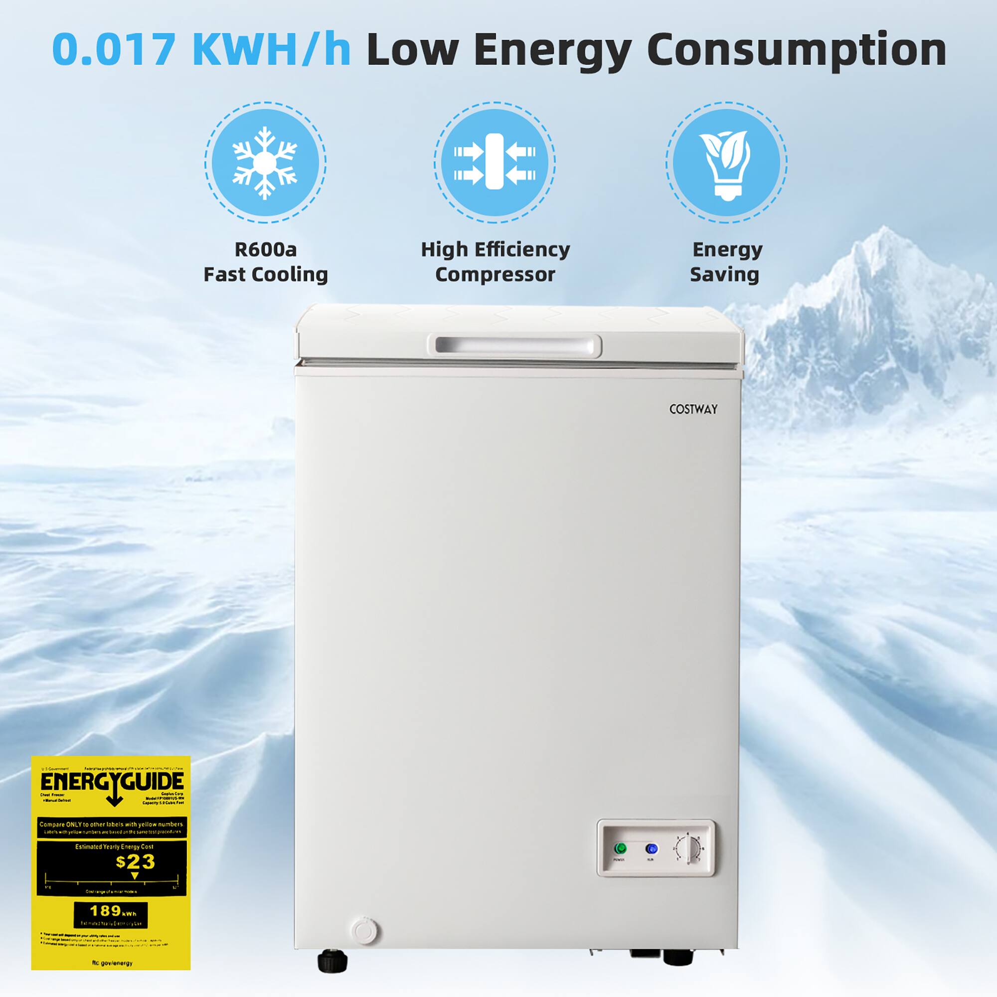 The text on the image reads: "0.017 KWH/h Low Energy Consumption R600a Fast Cooling High Efficiency Compressor Energy Saving COSTWAY."