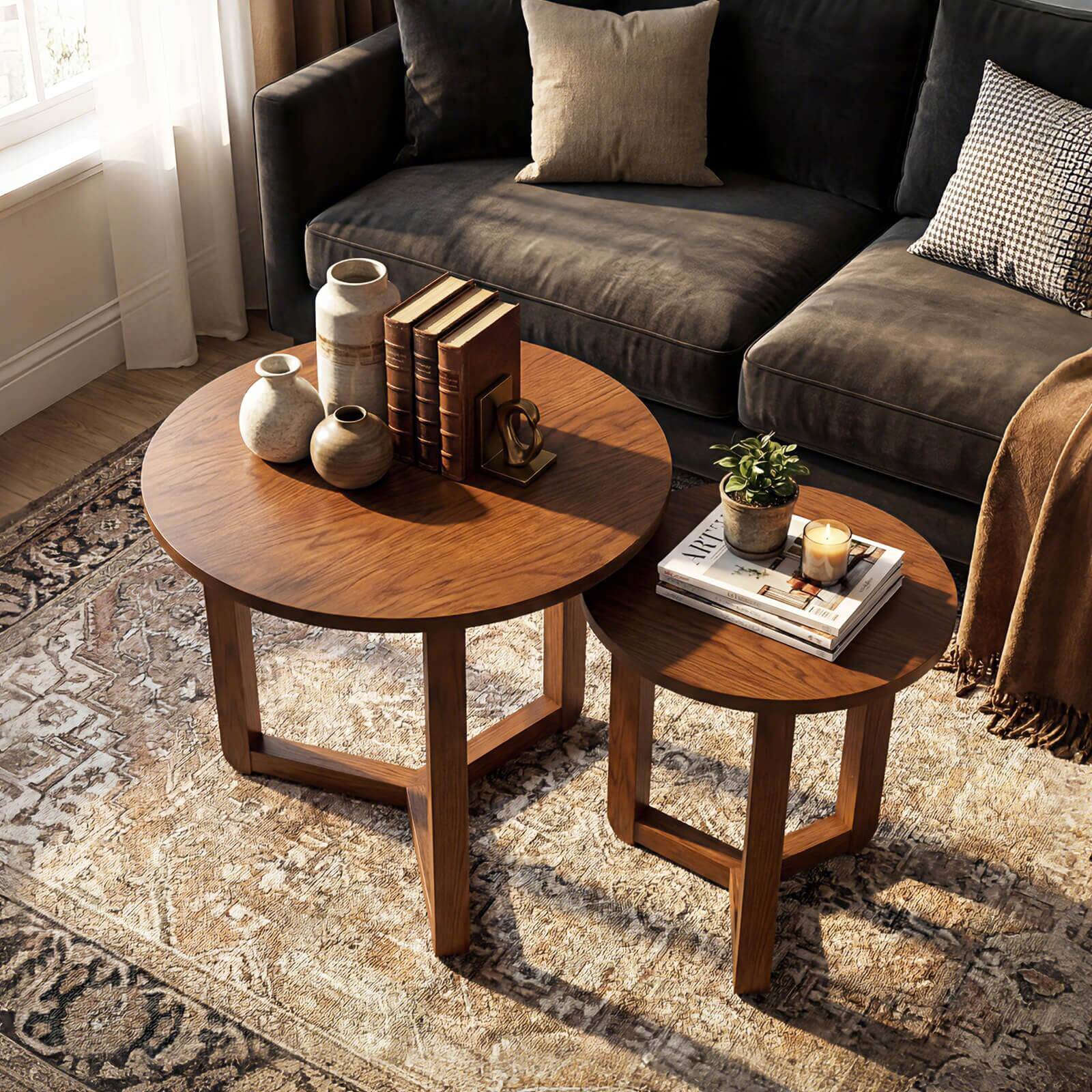 Alt View 4. Costway - Costway Round Nesting Coffee Table Set of 2 with Thickened Top & Solid Rubber Wood Legs - Walnut.