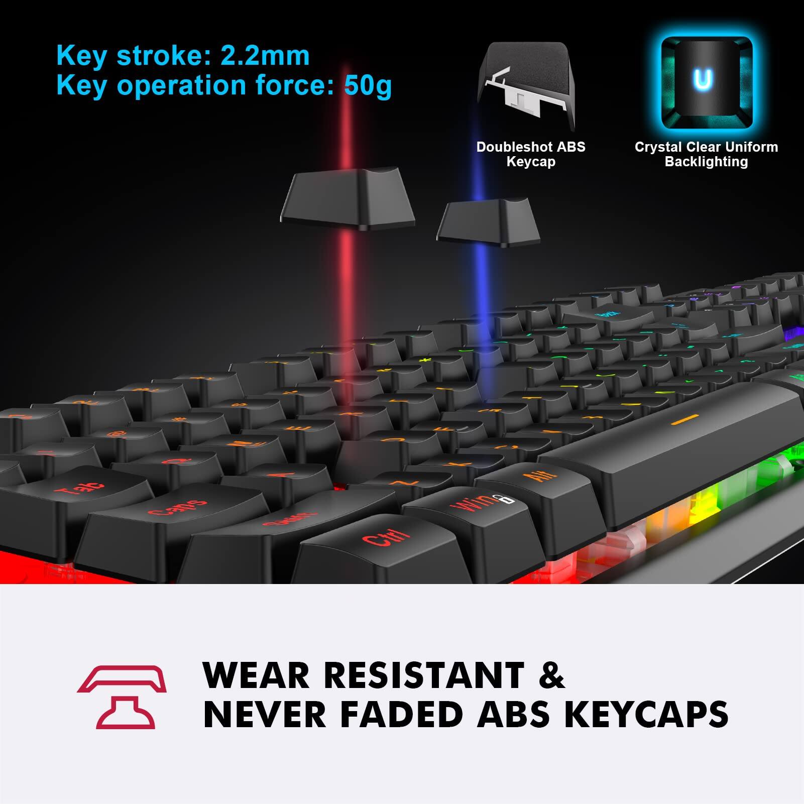Key stroke: 2.2mm  
Key operation force: 50g  

Doubleshot ABS Keycap  
Crystal Clear Uniform Backlighting  

WEAR RESISTANT & NEVER FADED ABS KEYCAPS