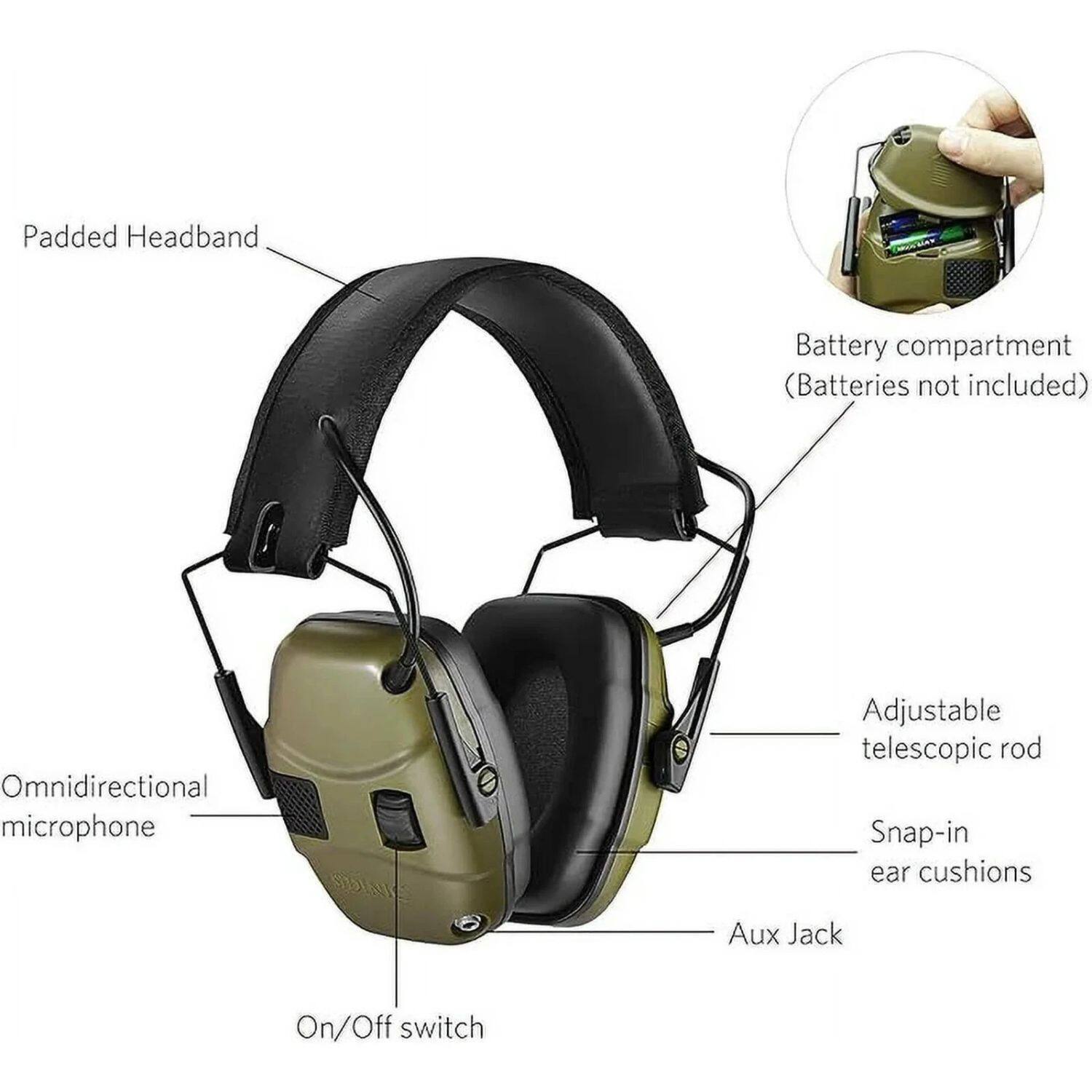 - Padded Headband
- Battery compartment (Batteries not included)
- Omnidirectional microphone
- Adjustable telescopic rod
- Snap-in ear cushions
- Aux Jack
- On/Off switch