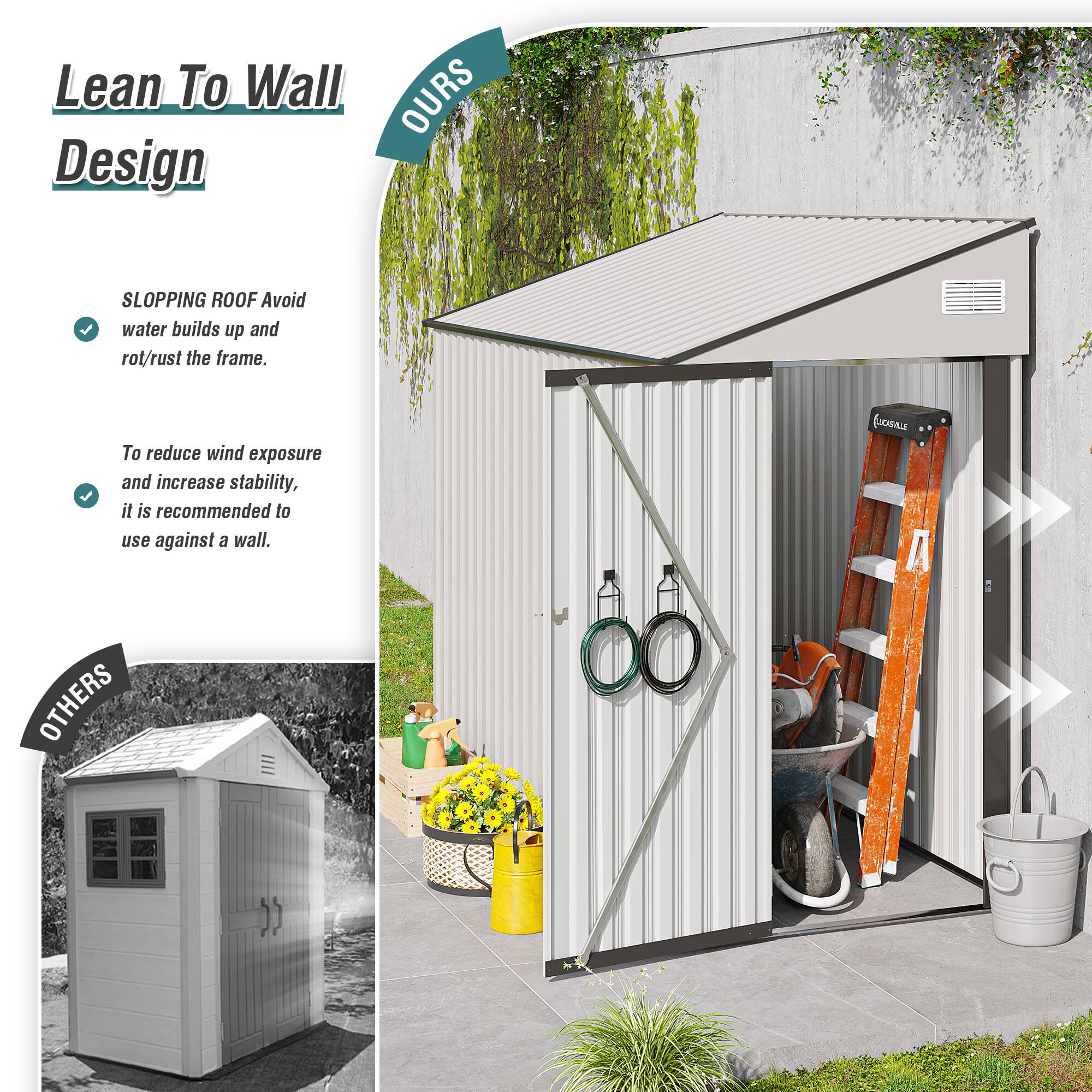 Lean To Wall Design

**OURS**

- SLOPPING ROOF: Avoid water builds up and rot/rust the frame.
- To reduce wind exposure and increase stability, it is recommended to use against a wall.

**OTHERS**