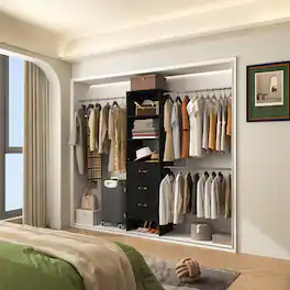 Aheaplus - 96-inch Closet System: 3 Hanging Rods & 3 Wooden Drawers, Adjustable for 5-8FT Walk-in Wardrobe - Black