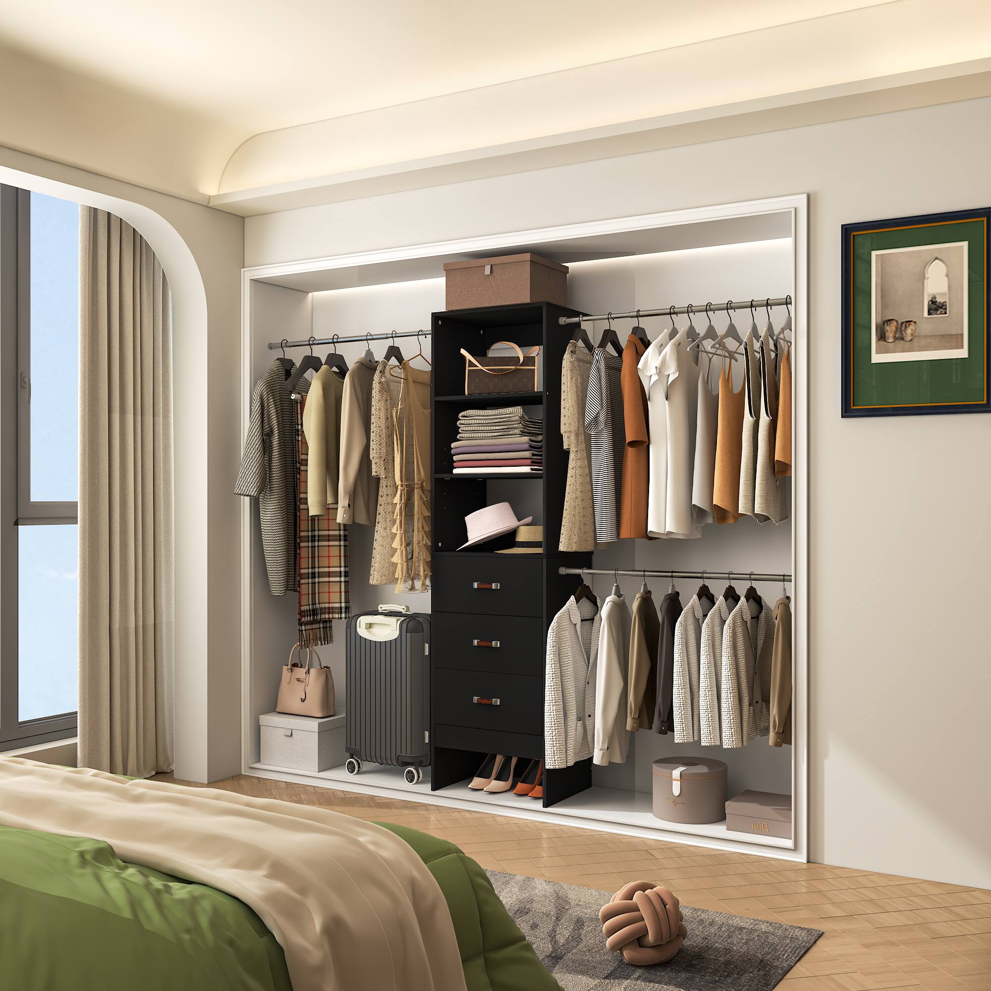 Aheaplus - 96-inch Closet System: 3 Hanging Rods & 3 Wooden Drawers, Adjustable for 5-8FT Walk-in Wardrobe - Black