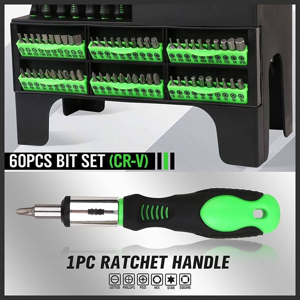 60PCS BIT SET (CR-V)  
1PC RATCHET HANDLE  

LOTTED PHILLIPS POZI HEX STAR SQUARE