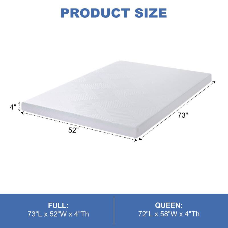 PRODUCT SIZE

FULL: 73"L x 52"W x 4"Th

QUEEN: 72"L x 58"W x 4"Th