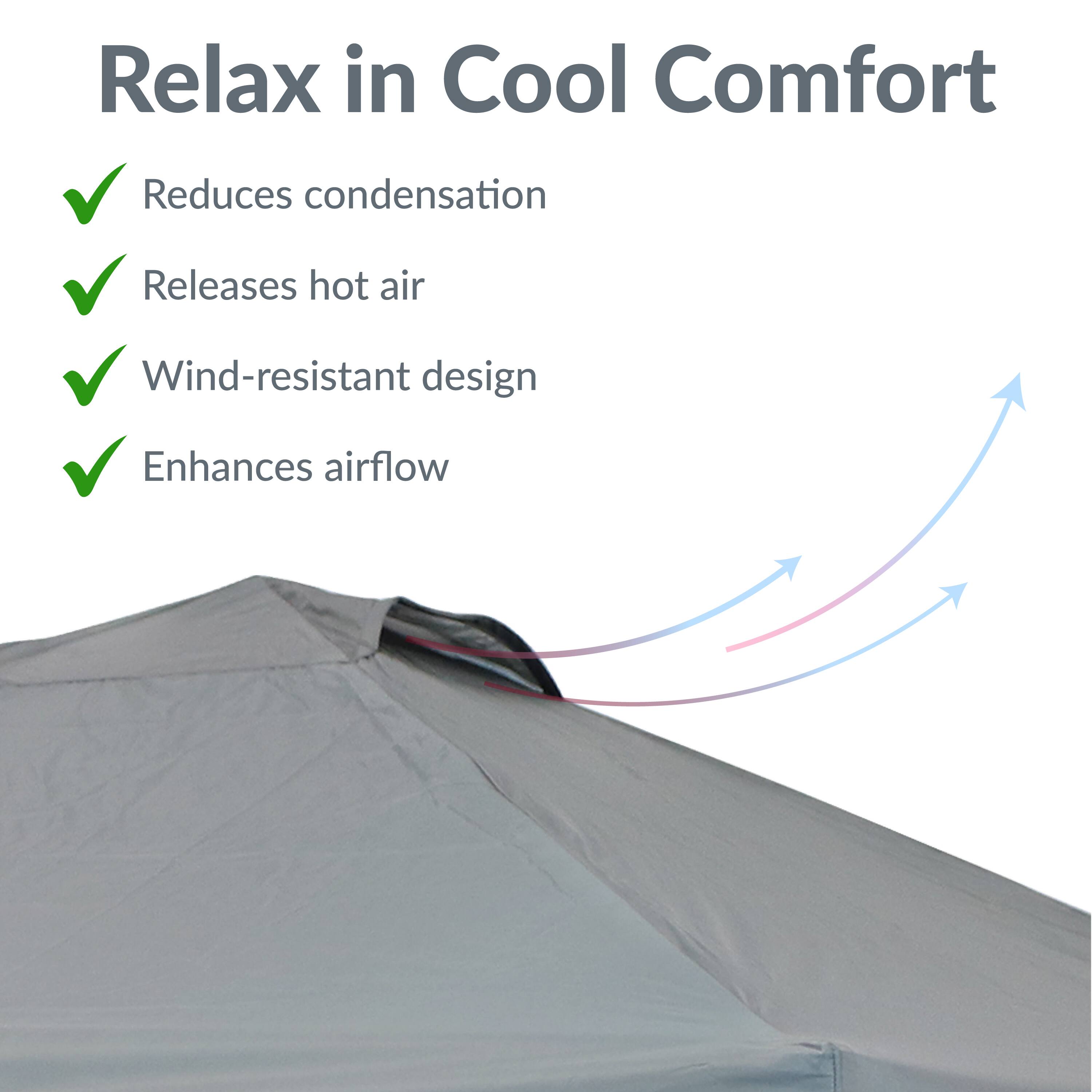 Relax in Cool Comfort

- Reduces condensation
- Releases hot air
- Wind-resistant design
- Enhances airflow
