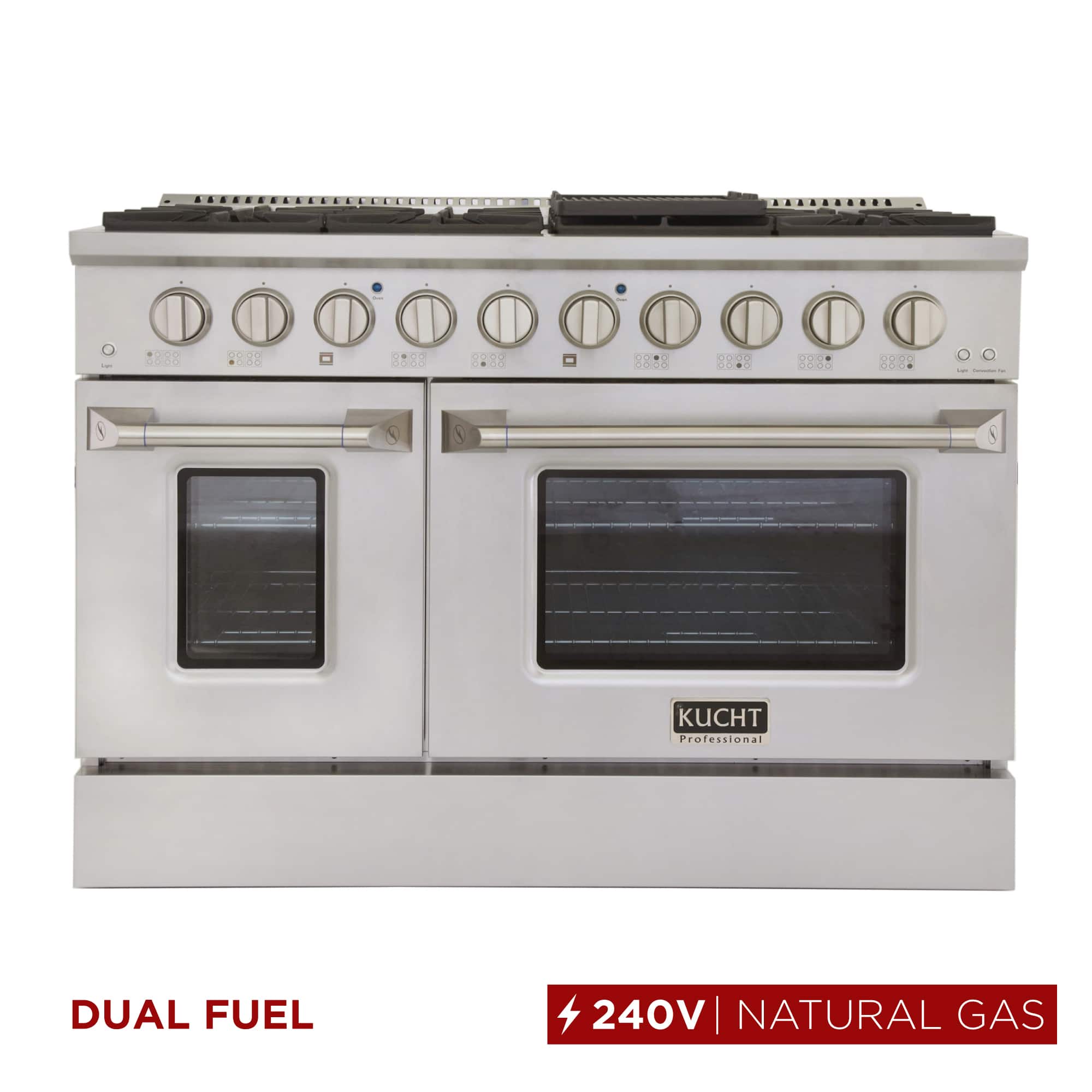 Kucht - 48" Dual Fuel Range for NG, SS/Silver Doors, Sealed Burners, Griddle, 2 Ovens (1 Convection) - Stainless Steel