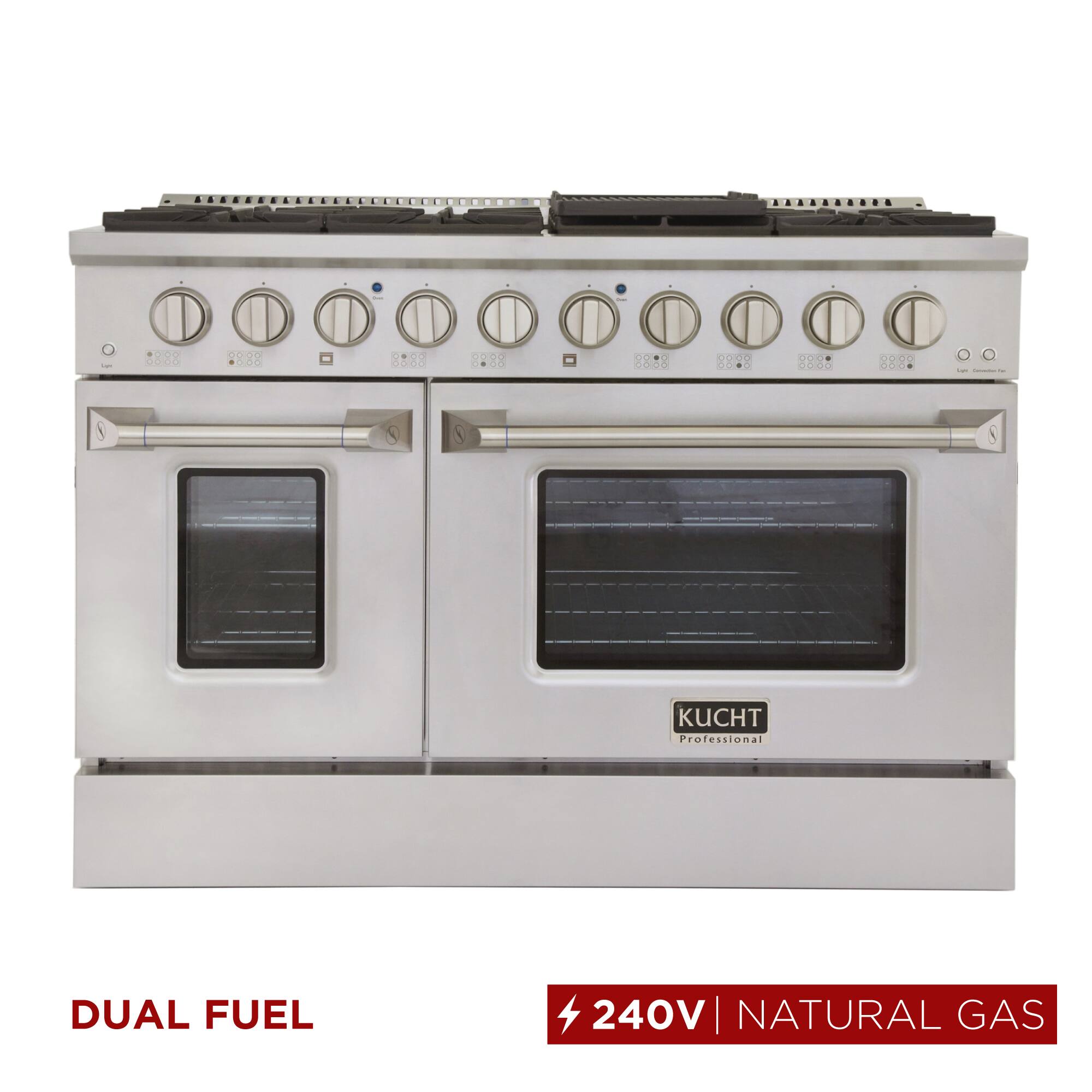 Kucht - 48" Dual Fuel Range for NG, SS/Silver Doors, Sealed Burners, Griddle, 2 Ovens (1 Convection) - Stainless Steel