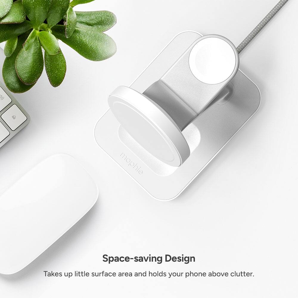 The text on the image reads: "mophie Space-saving Design Takes up little surface area and holds your phone above clutter."