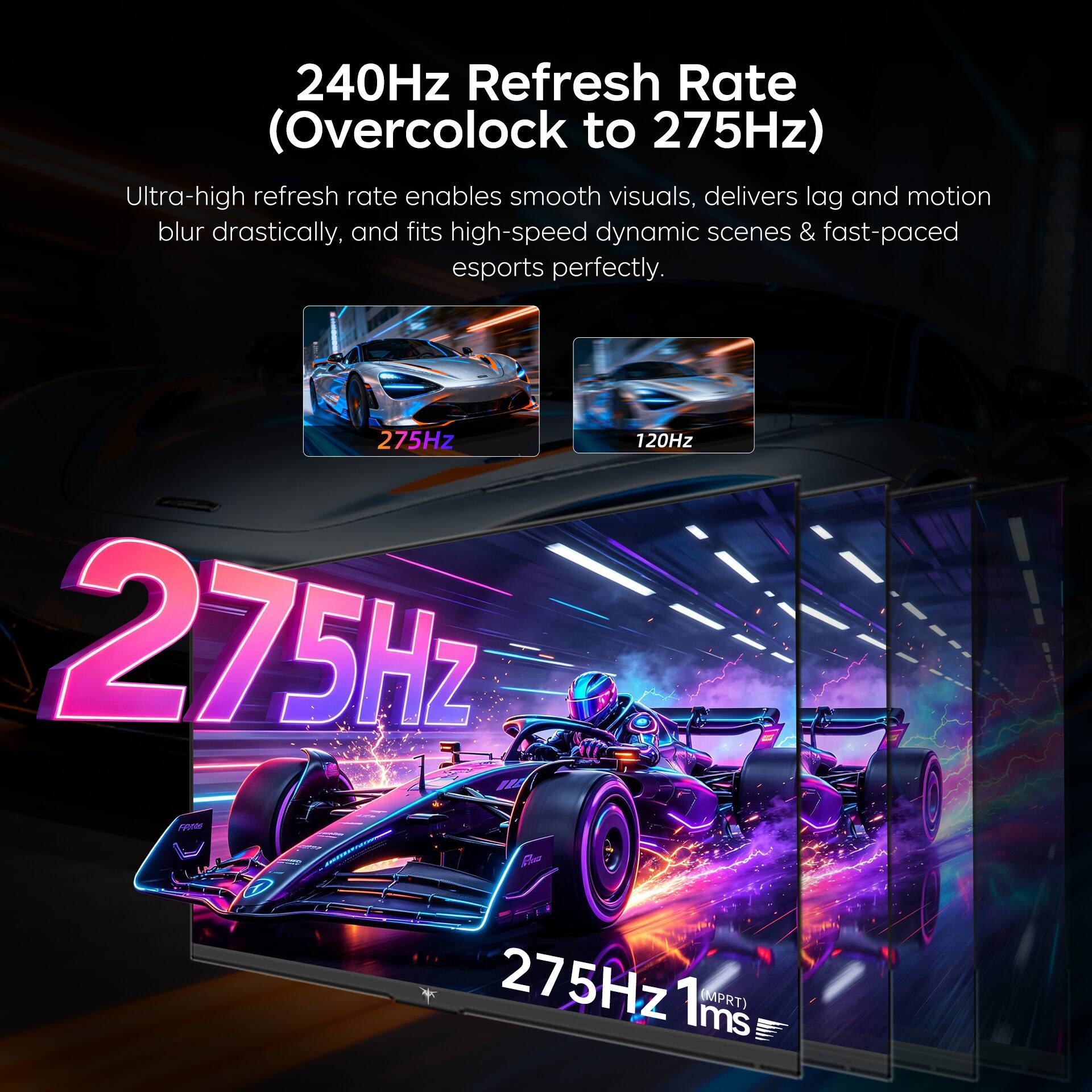 240Hz Refresh Rate (Overclock to 275Hz)  
Ultra-high refresh rate enables smooth visuals, delivers lag and motion blur drastically, and fits high-speed dynamic scenes & fast-paced esports perfectly.  

275Hz  
120Hz  
275Hz  
1ms (MPRT)