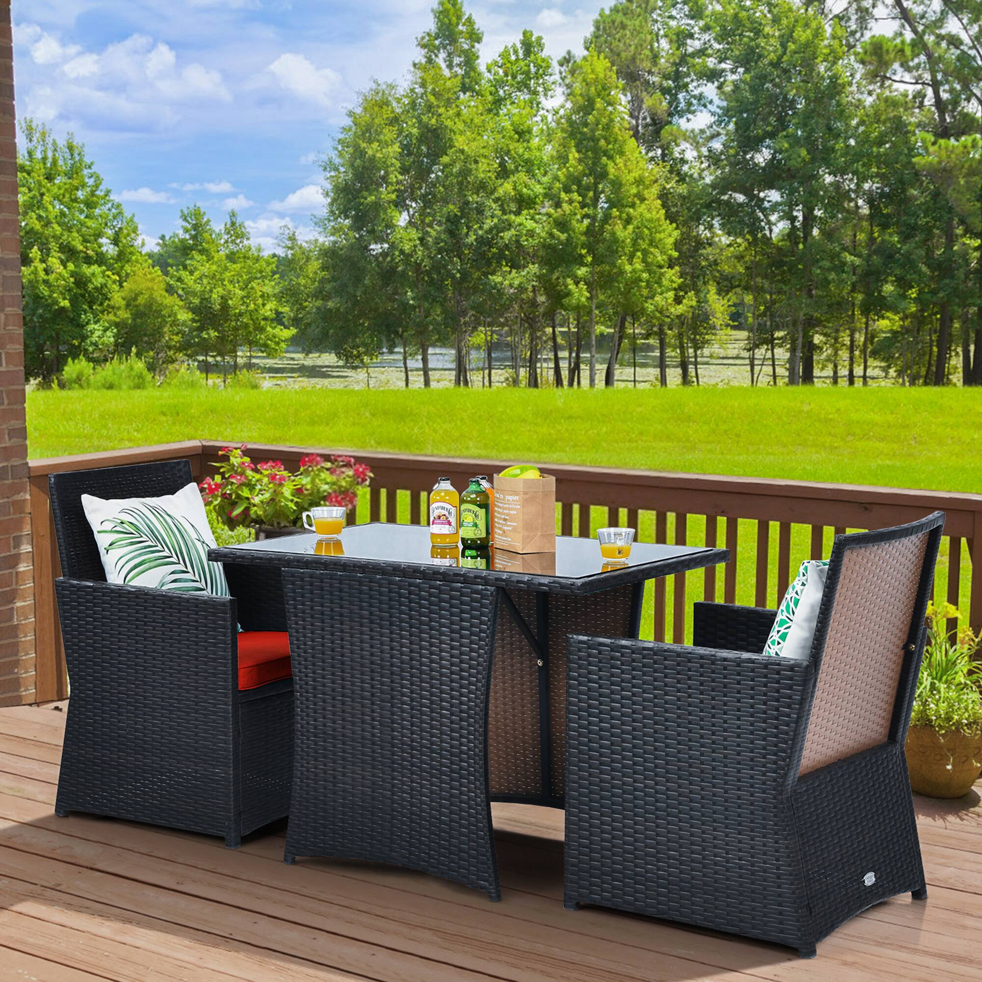 Alt View 2. Gymax - Gymax 3PCS Patio Wicker Bistro Set PE Rattan Dining Table Set w/ Red Cushions - Red.