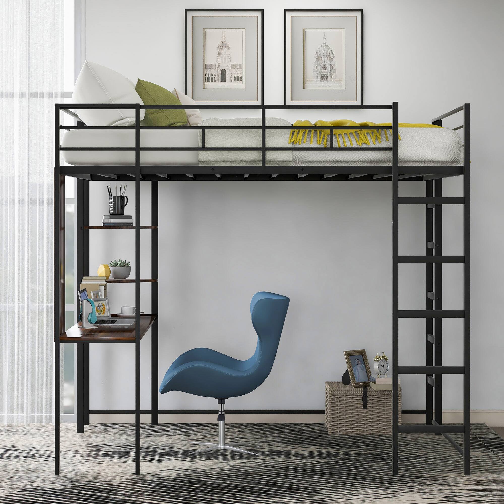 Alt View 6. Spaco - Spaco Full Size Loft Bed, Metal Frame with Desk and 2 Shelves, Sturdy Construction, Under Bed Storage Area, Guardrail - Black.