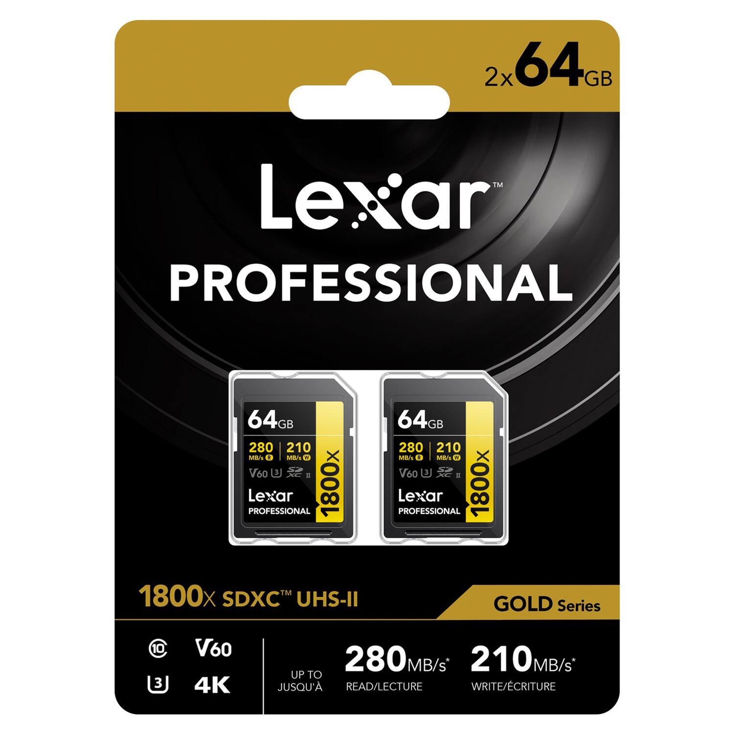 2x 64GB Lexar PROFESSIONAL 1800x SDXC UHS-II GOLD Series  
280 MB/s READ / 210 MB/s WRITE  
V60, 4K, U3