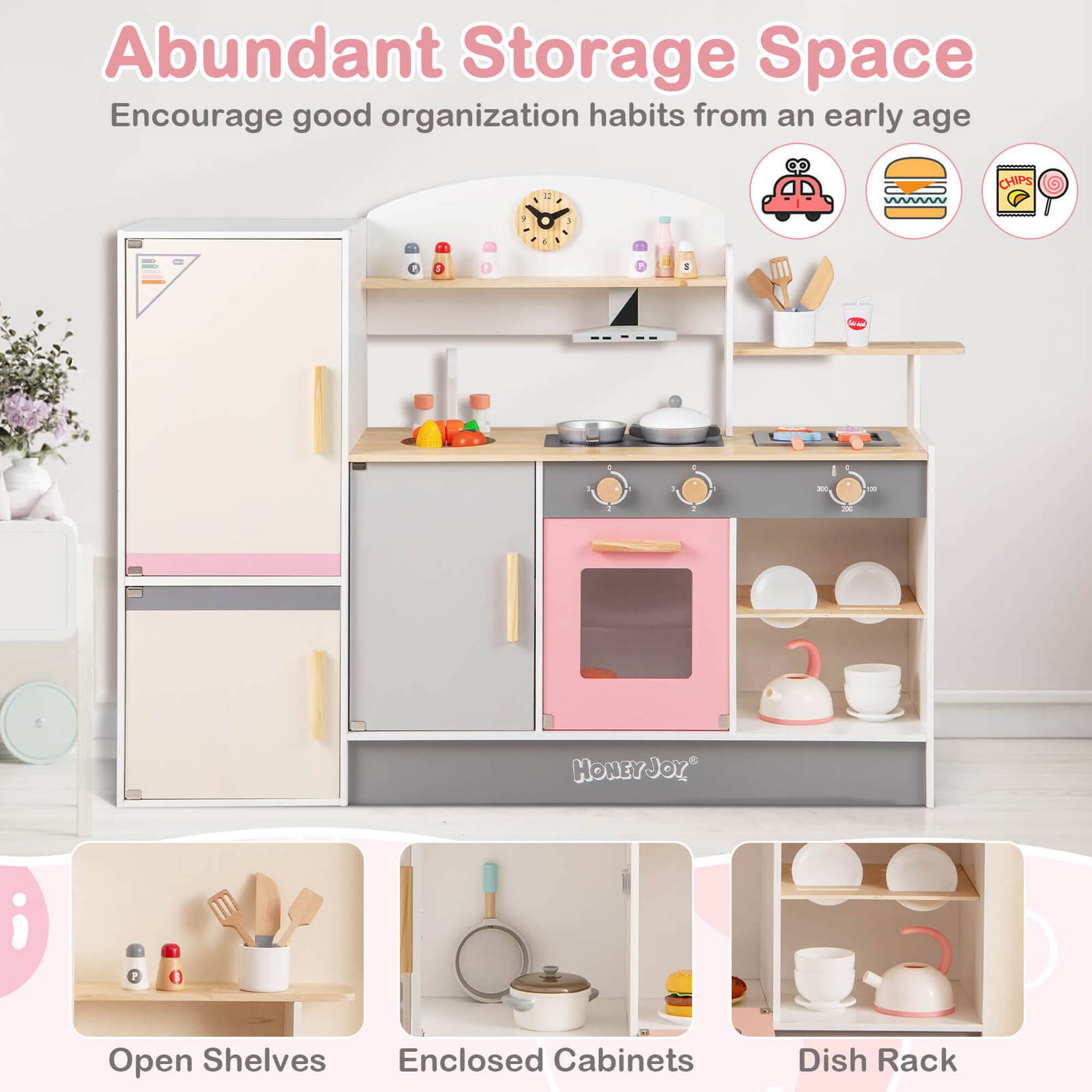 Abundant Storage Space  
Encourage good organization habits from an early age  

Open Shelves  
Enclosed Cabinets  
Dish Rack  

www.HONEYJOY.com