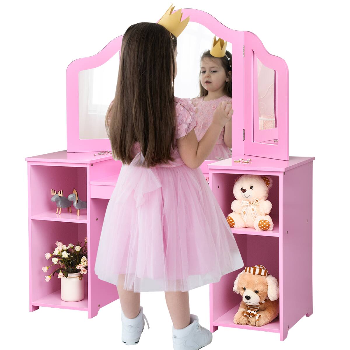 Alt View 10. Costway - Costway Vanity Table Set Makeup Dressing Kids Girls Study Table Tri Folding Mirror - Pink.