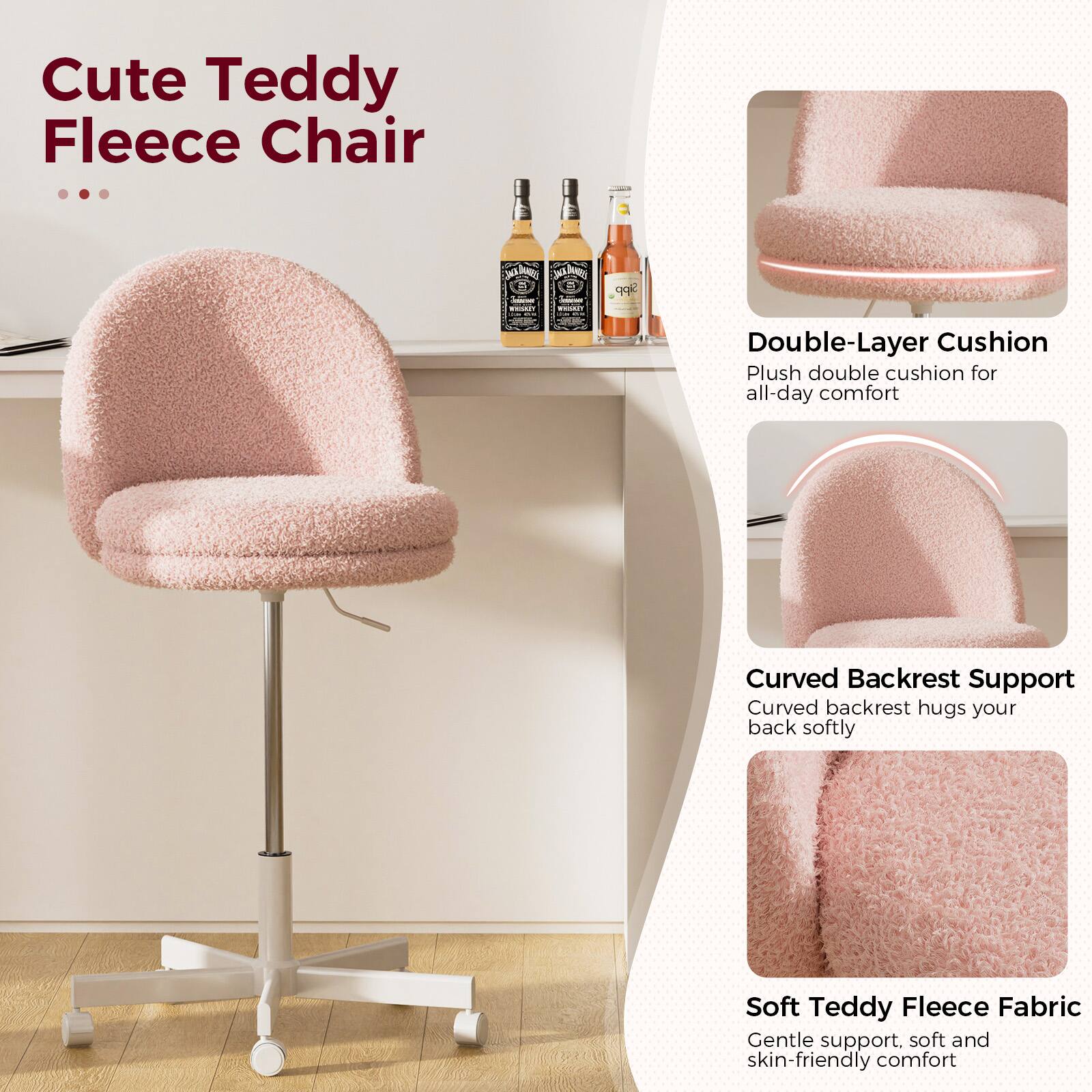 Cute Teddy Fleece Chair

Double-Layer Cushion  
Plush double cushion for all-day comfort

Curved Backrest Support  
Curved backrest hugs your back softly

Soft Teddy Fleece Fabric  
Gentle support, soft and skin-friendly comfort