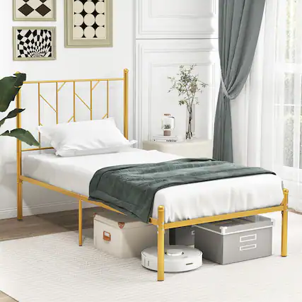 Front. Gymax - Gymax Twin Size Platform Bed Frame Heavy-duty Metal Bed Frame w/Sturdy Metal Slat Support Gold - Gold.