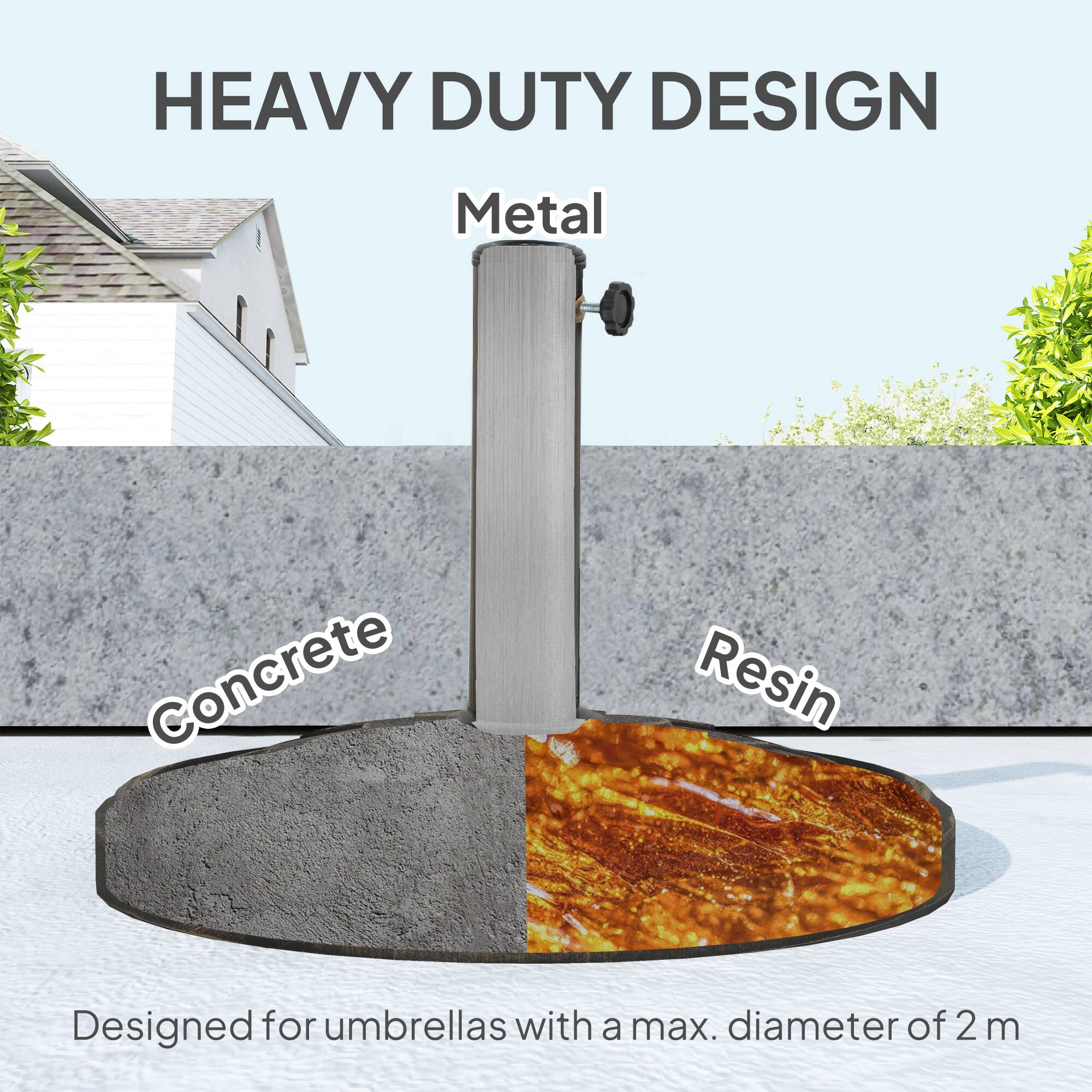 HEAVY DUTY DESIGN

Metal
Concrete
Resin

Designed for umbrellas with a max. diameter of 2 m