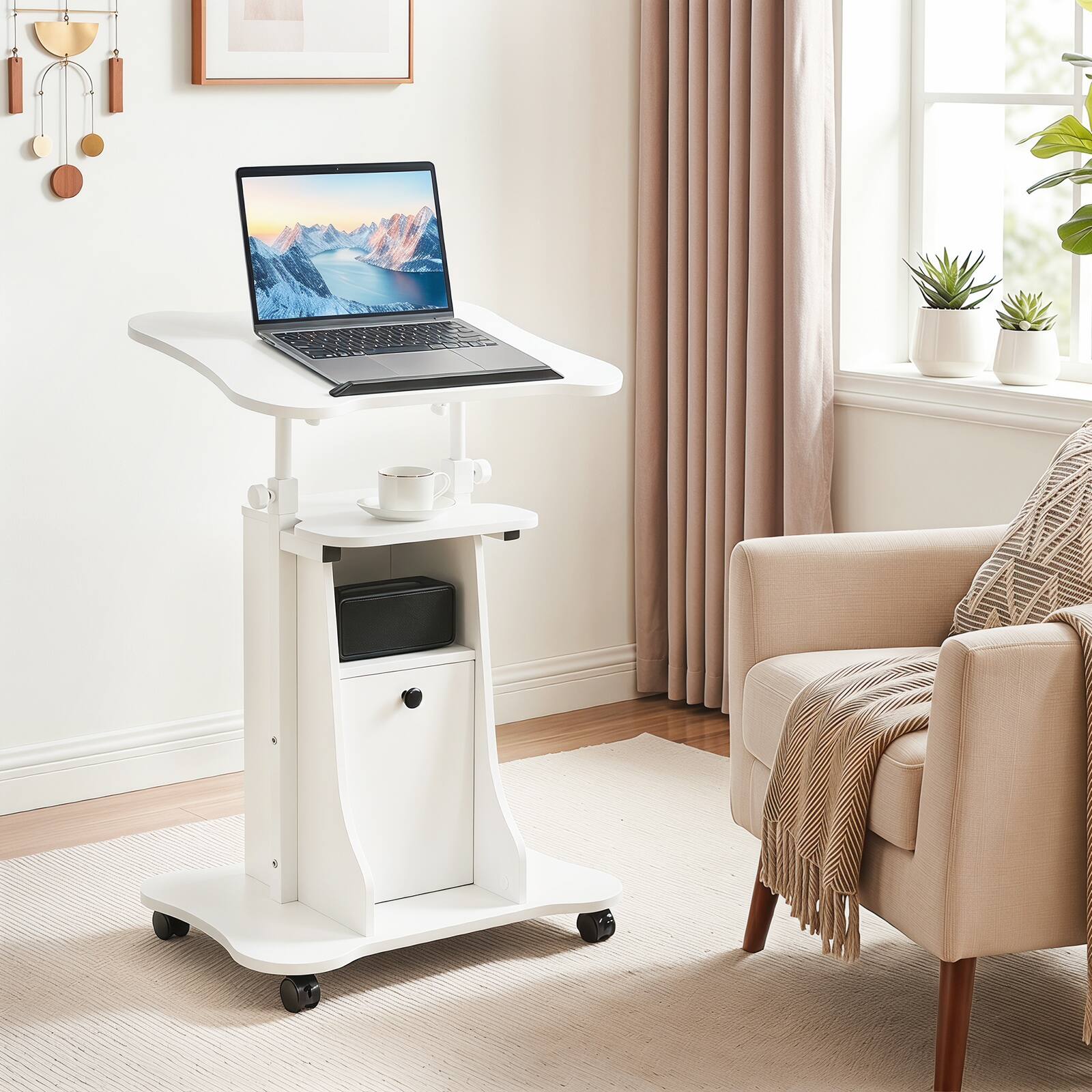 Alt View 1. Costway - Costway Mobile Podium Stand Office Laptop Cart with Storage Adjustable Height - White.