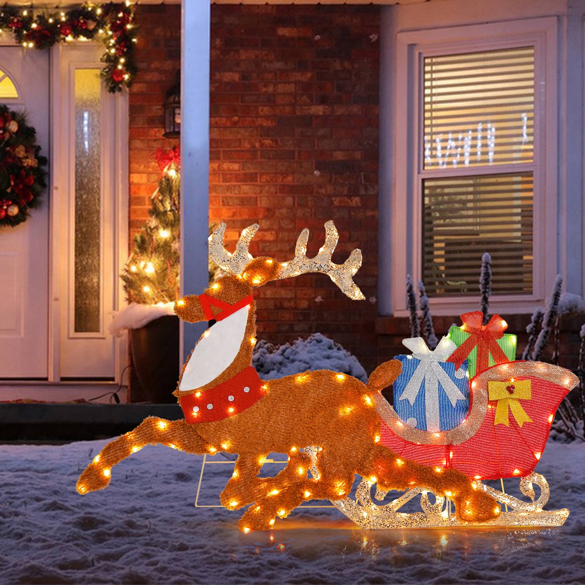 Alt View 3. Costway - Lighted 2D Christmas Reindeer and Sleigh Decoration Pre-Lit Glittered Decoration - Brown/Red.