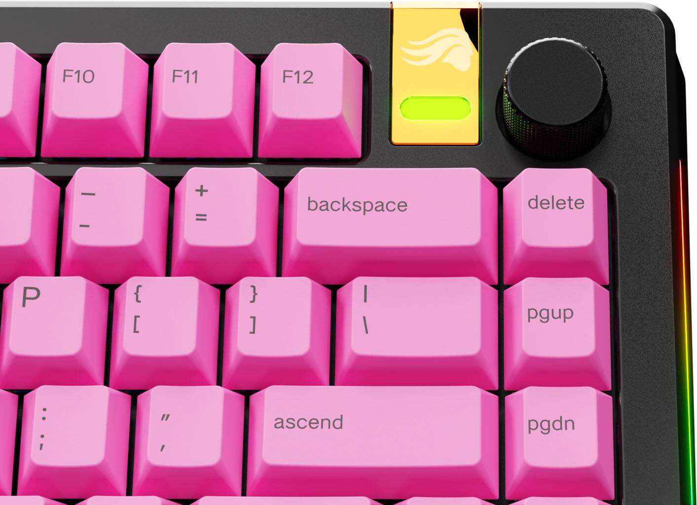 The text on the image reads:

F10 F11 F12 - + = backspace delete
P { [ } ] I I pgup " I ascend pgdn

The corrected text should be:

F10 F11 F12 - + = backspace delete
P { [ } ] I I pgup " I ascend pgdn

The text describes the function keys on a keyboard, with the F10, F11, and F12 keys being associated with specific actions, such as backspace, delete, and ascending or descending within a document.