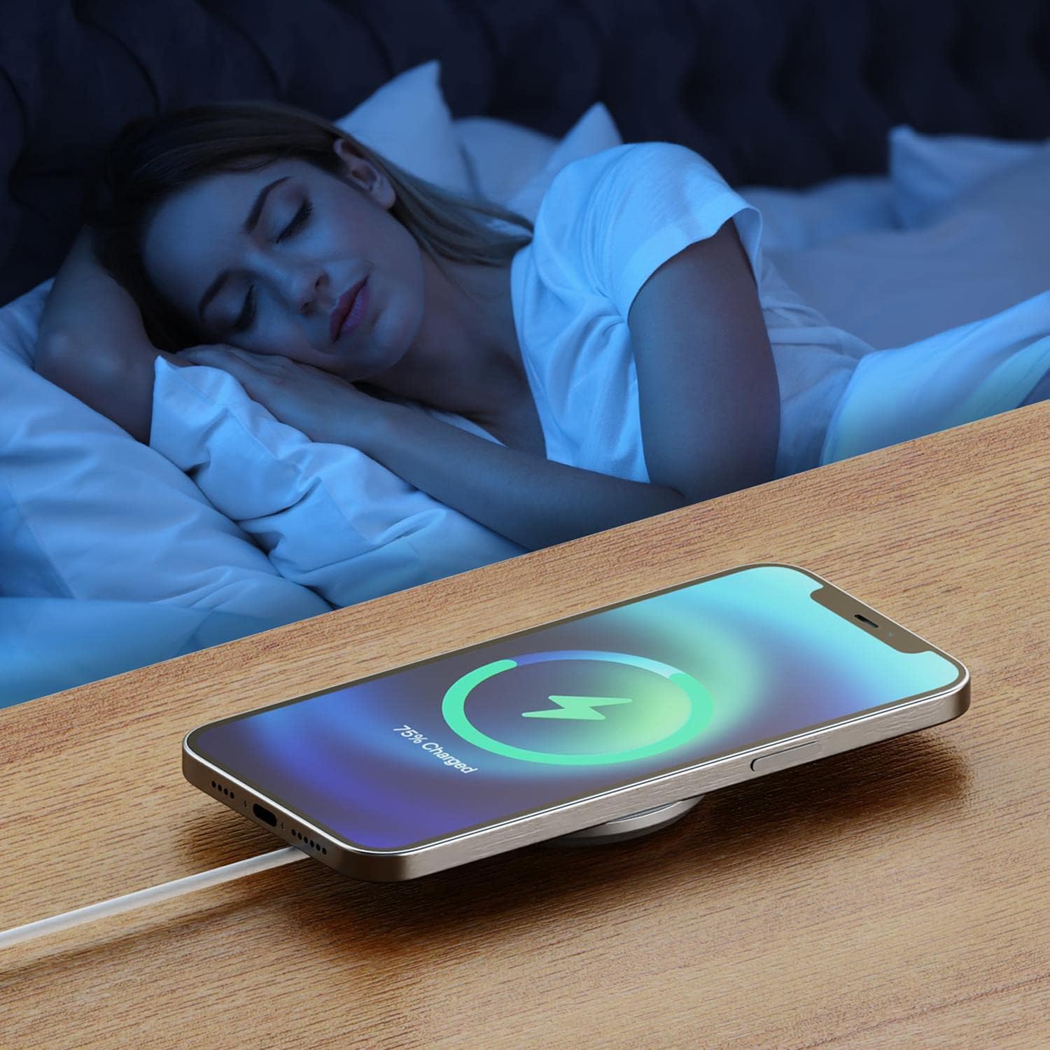 The image shows a woman sleeping on a bed, with a cell phone charging on a table next to her. The phone is 75% charged.