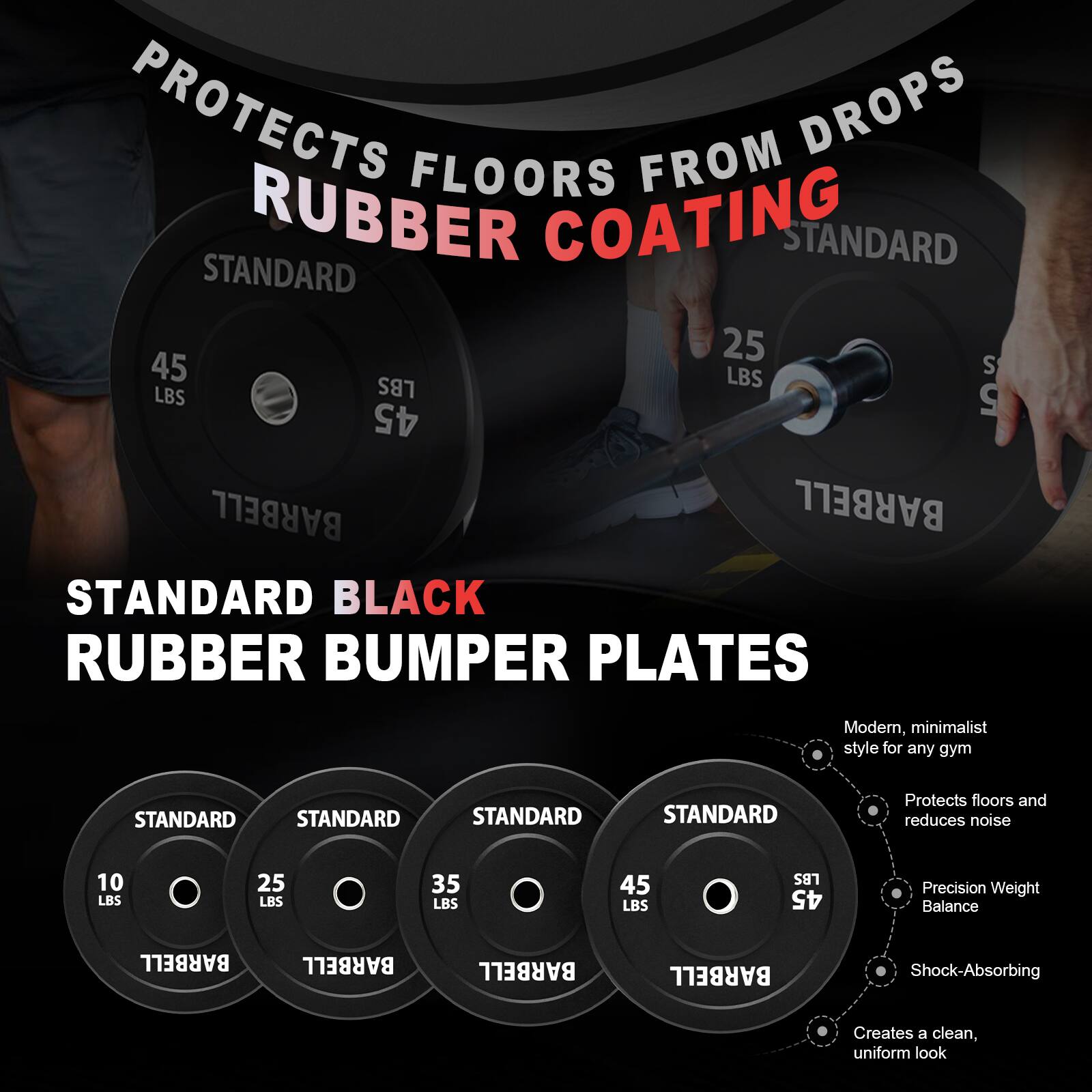**STANDARD BLACK RUBBER BUMPER PLATES**

- **PROTECTS FLOORS FROM DROPS**
  - RUBBER COATING

- **STANDARD**
  - 10 LBS
  - 25 LBS
  - 35 LBS
  - 45 LBS

- **Modern, minimalist style for any gym**
- **Protects floors and reduces noise**
- **Precision Weight Balance**
- **Shock-Absorbing**
- **Creates a clean, uniform look**

- **STANDARD**
  - 45 LBS
  - 45 LBS
