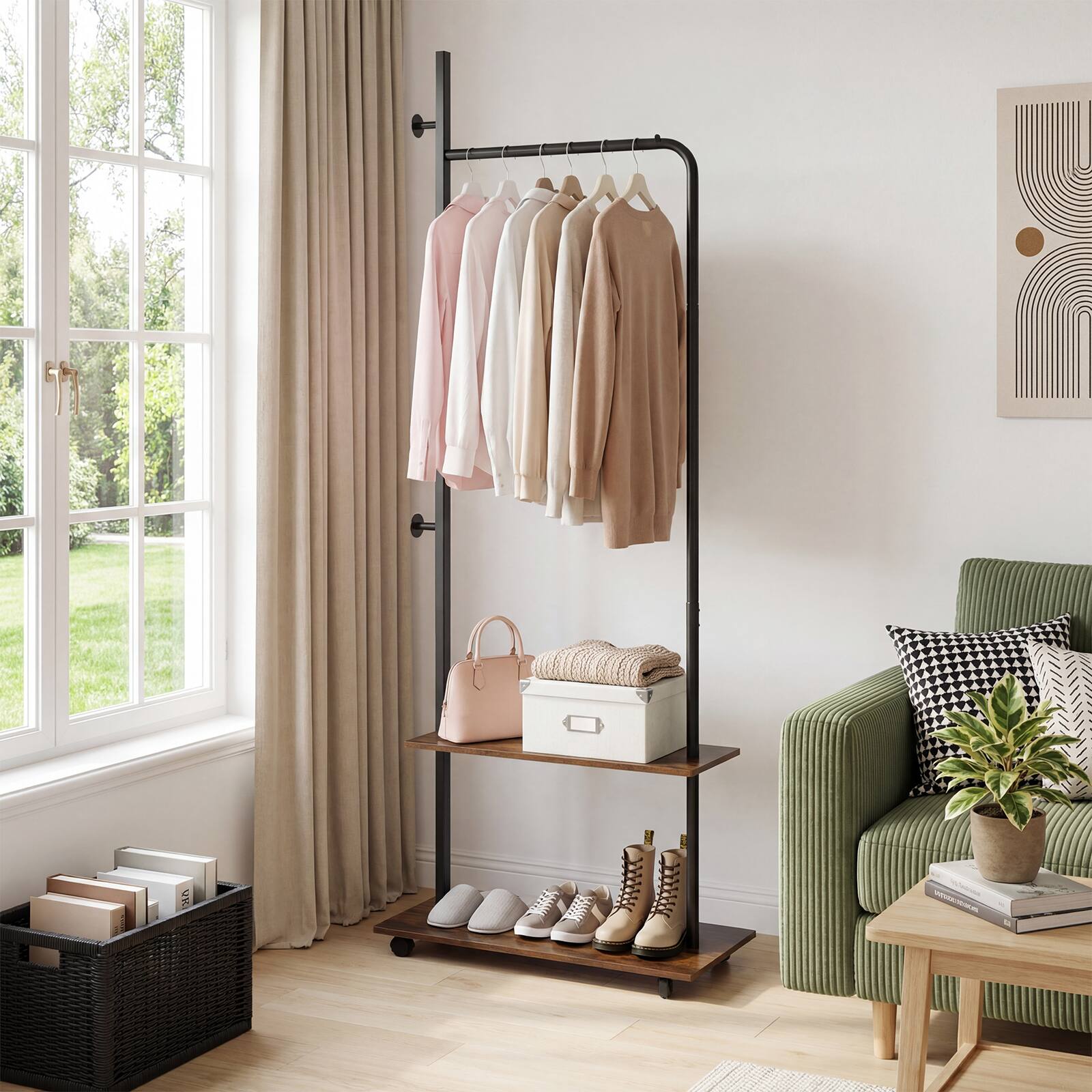 Alt View 4. Costway - Costway Freestanding Clothing Rack with Wheels, Wooden Garment Rack with Hanging Rod - Rustic Brown+ Black.