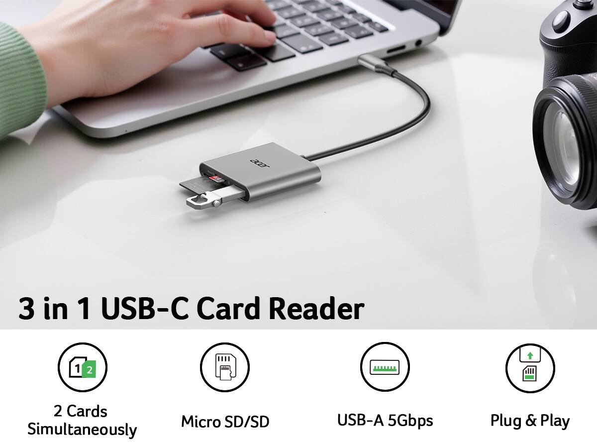 3 in 1 USB-C Card Reader

- 2 Cards Simultaneously
- Micro SD/SD
- USB-A 5Gbps
- Plug & Play