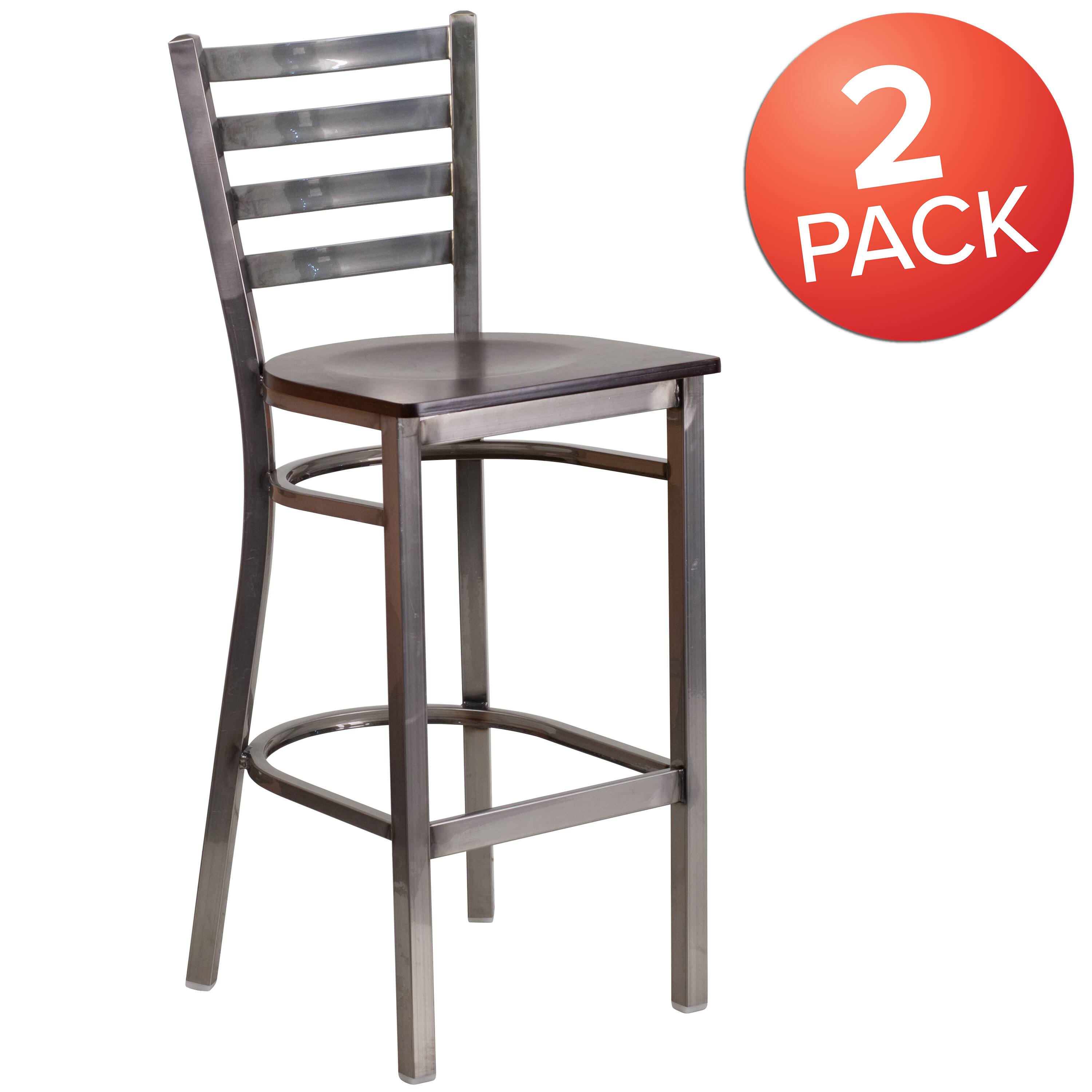 Alt View 1. Emma + Oliver - 2 Pack Clear Coated Ladder Back Metal Restaurant Barstool - Walnut Wood Seat/Clear Coated Metal Frame.