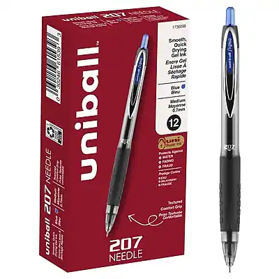Uniball 207 Needle
Smooth, Quick Drying Gel Ink
Encre Gel Lisse A Schage Rapide
Blue Bleu
Medium Moyenne
0.7mm
12 uni
FADING NEEDLE
Protège Contre FRAUD
Textured Grip
Comfortable
FRAUD Protection
Contre la Contrefaçon
Comfortable Textured Grip