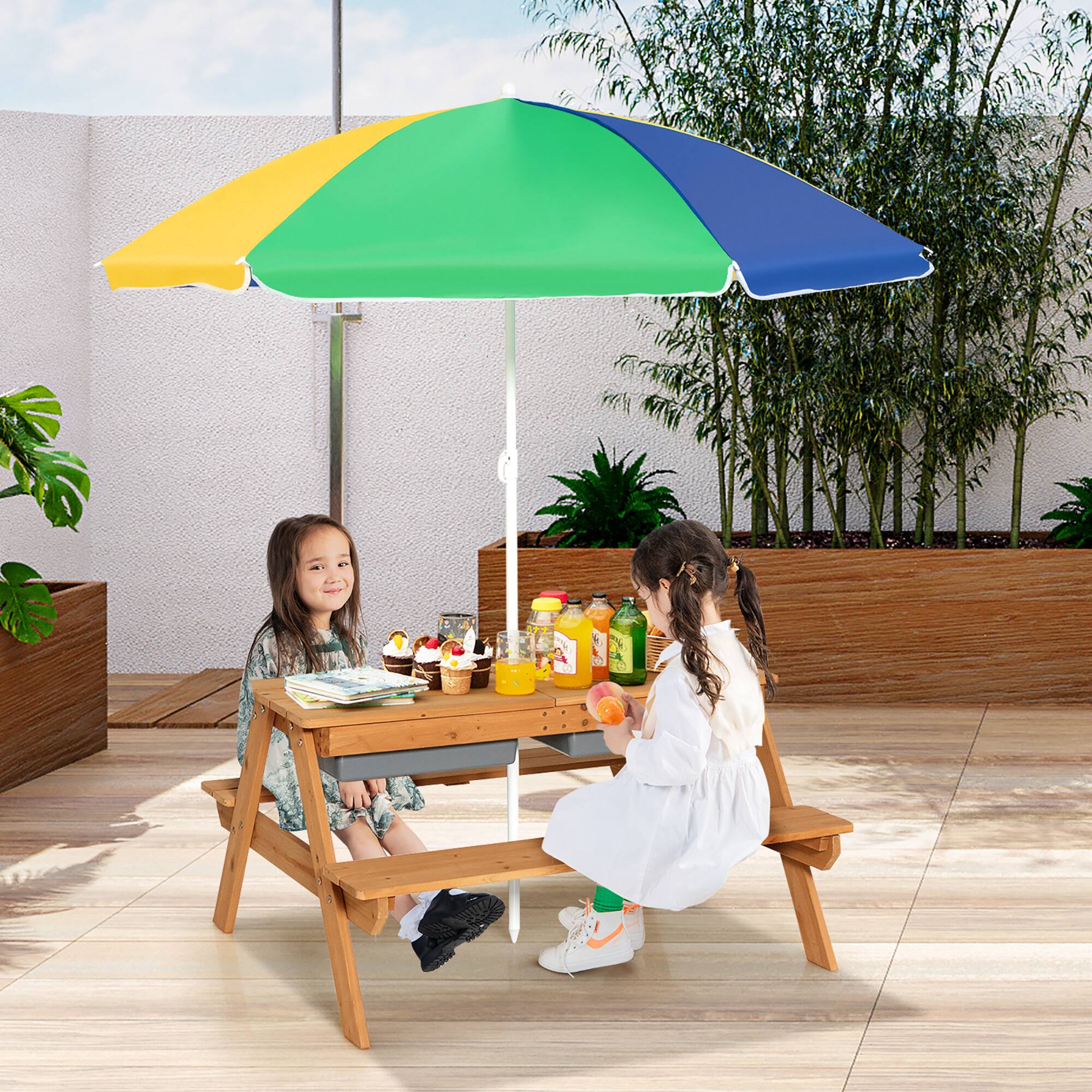 Alt View 1. Costway - Costway 3-in-1 Kids Picnic Table Wooden Outdoor Sand & Water Table with Umbrella Play Boxes - Green.
