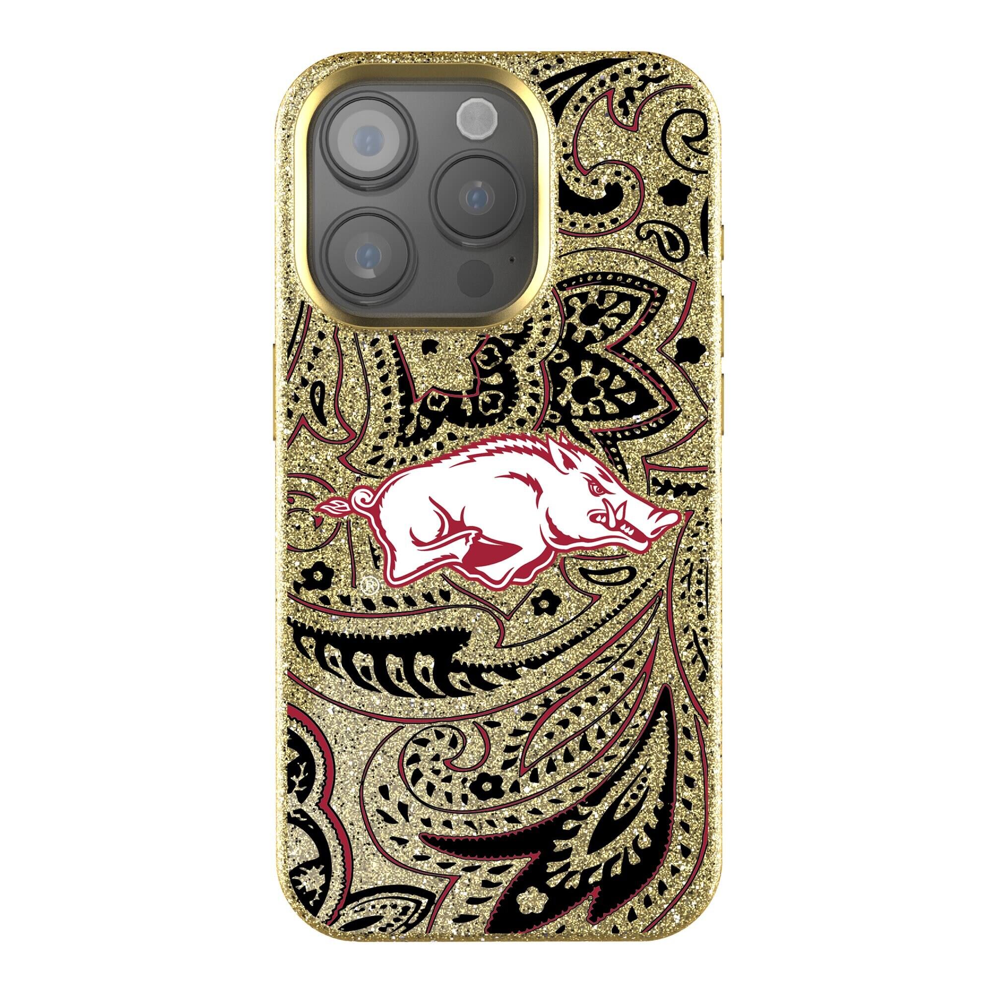 Front. Keyscaper - Arkansas Razorbacks Paisley Bling iPhone Case - 14 Pro Max - Gold.