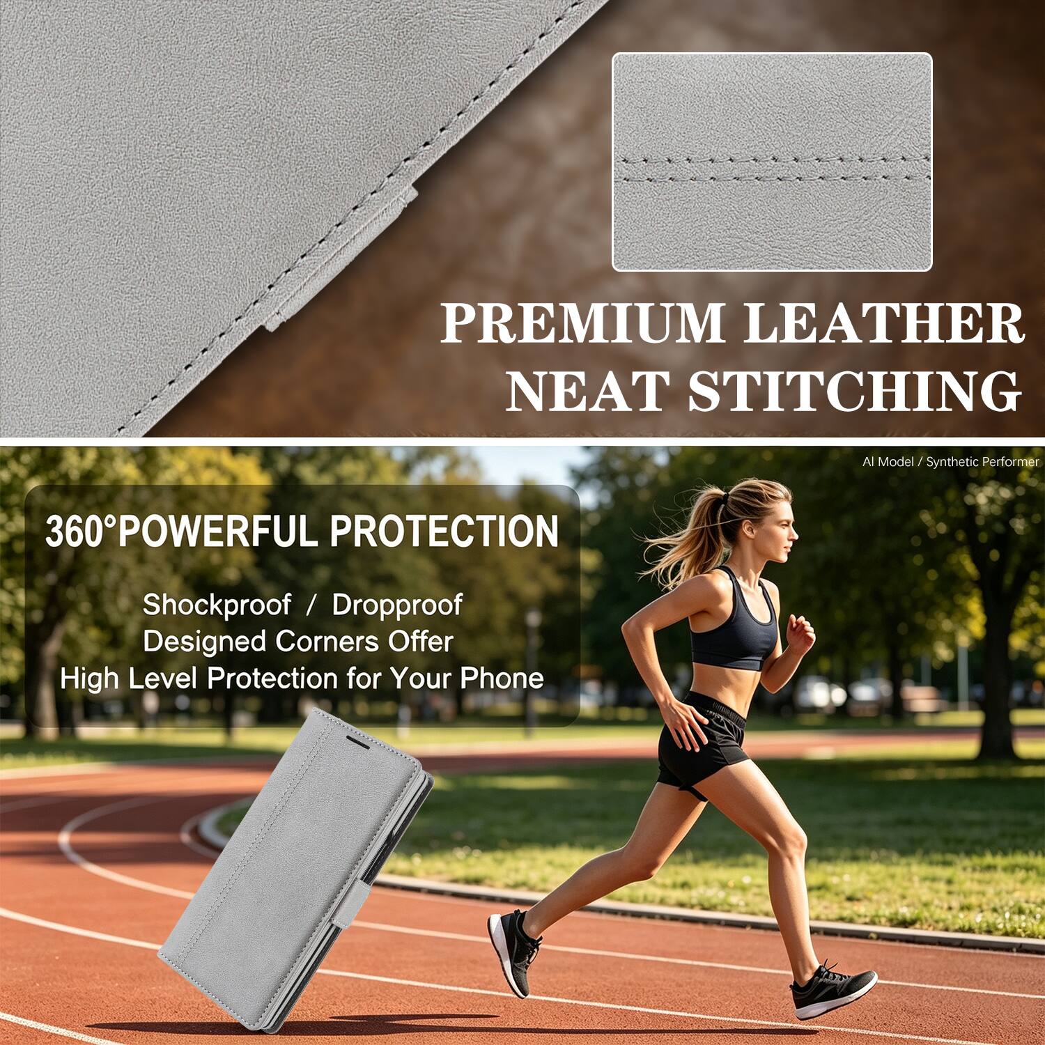 PREMIUM LEATHER NEAT STITCHING

360° POWERFUL PROTECTION
Shockproof / Dropproof Designed Corners Offer High Level Protection for Your Phone

AI Model / Synthetic Performer