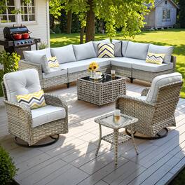 Ovios - 10 PCS Outdoor Patio Furniture Sectional Conversation Set with Swivel Chairs & Coffee Table - Gray