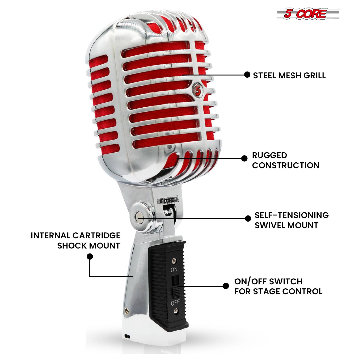 5 CORE STEEL MESH GRILL  
RUGGED CONSTRUCTION  
INTERNAL CARTRIDGE SHOCK MOUNT  
SELF-TENSIONING SWIVEL MOUNT  
ON/OFF SWITCH FOR STAGE CONTROL
