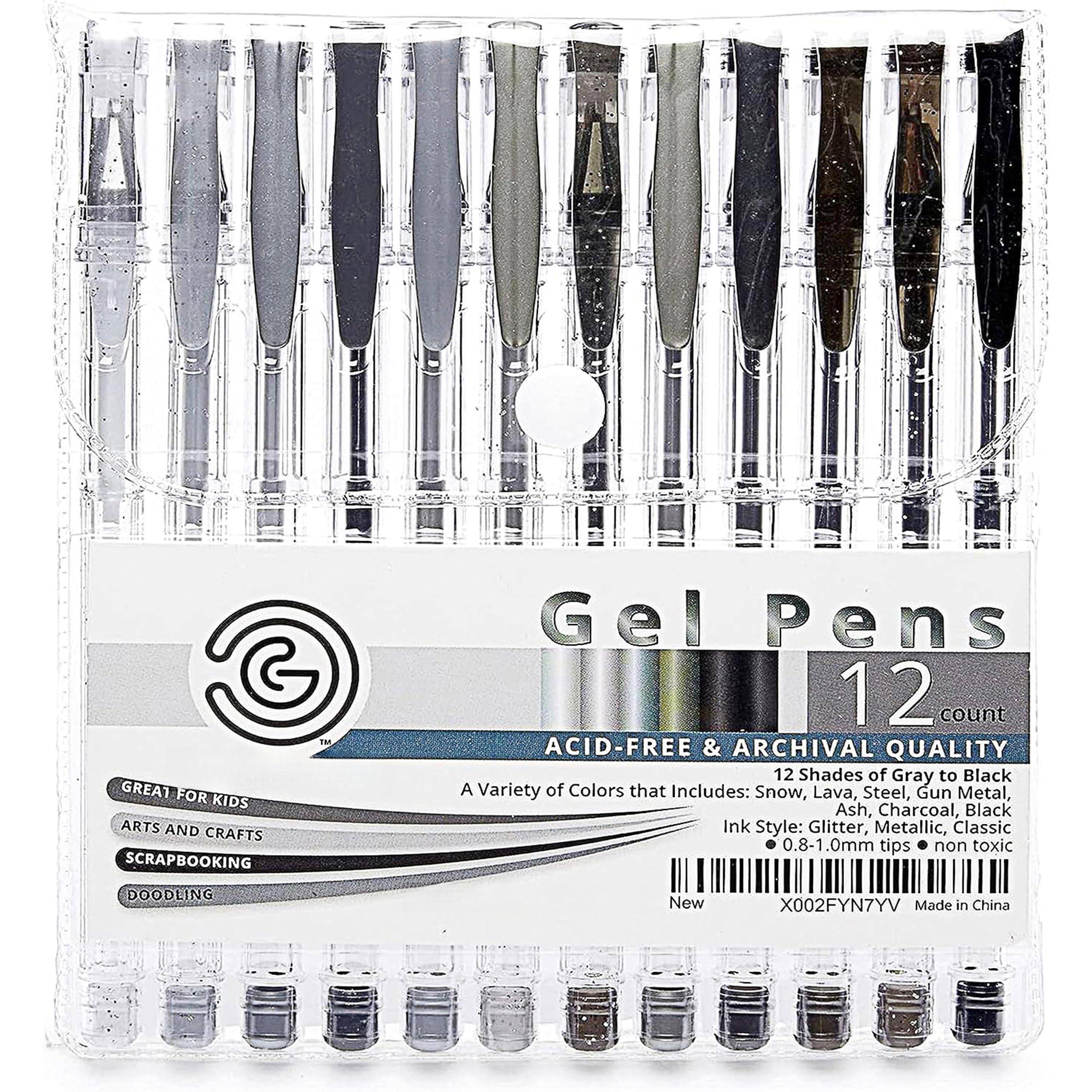 Gel Pens  
12 count  

ACID-FREE & ARCHIVAL QUALITY  

12 Shades of Gray to Black  
A Variety of Colors that Includes: Snow, Lava, Steel, Gun Metal, Ash, Charcoal, Black  

Ink Style: Glitter, Metallic, Classic  

0.8-1.0mm tips  
non toxic  

GREAT FOR KIDS  
ARTS AND CRAFTS  
SCRAPBOOKING  
DOODLING  

New  
X002FYN7YV  
Made in China