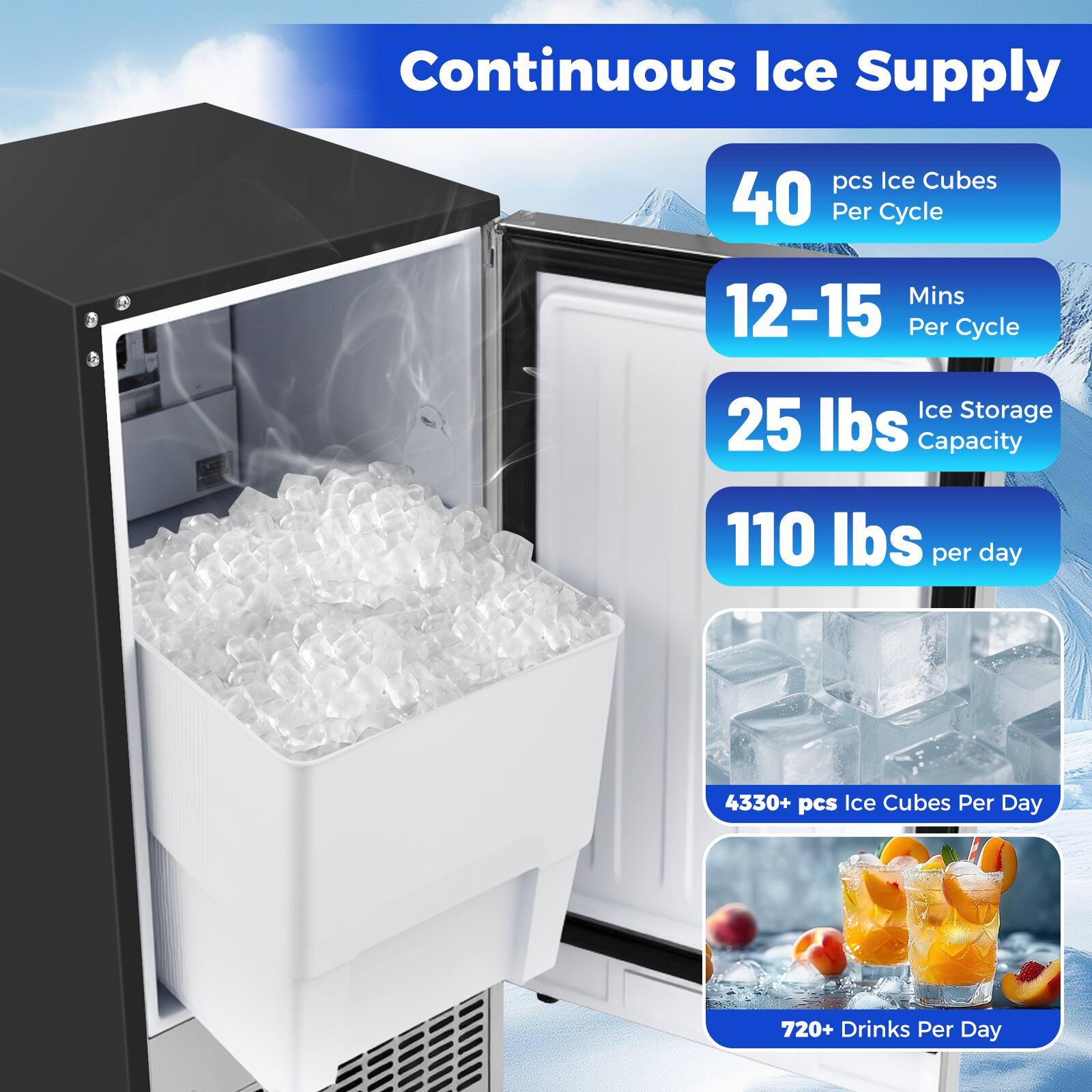 Continuous Ice Supply  
40 pcs Ice Cubes Per Cycle  
12-15 Mins Per Cycle  
25 lbs Ice Storage Capacity  
110 lbs per day  
4330+ pcs Ice Cubes Per Day  
720+ Drinks Per Day