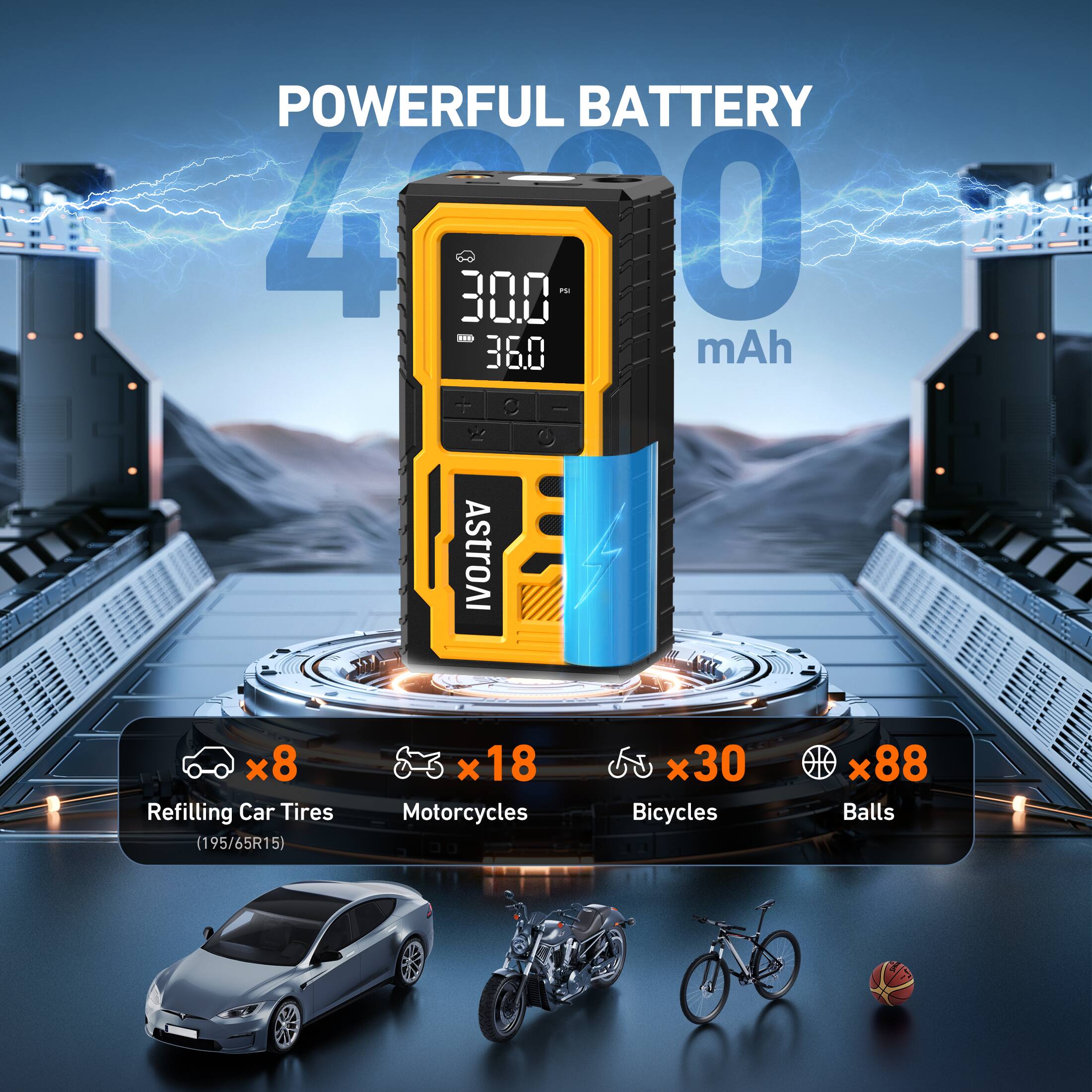 POWERFUL BATTERY 4000 mAh

ASTROAI

Refilling Car Tires (195/65R15) x8  
Motorcycles x18  
Bicycles x30  
Balls x88